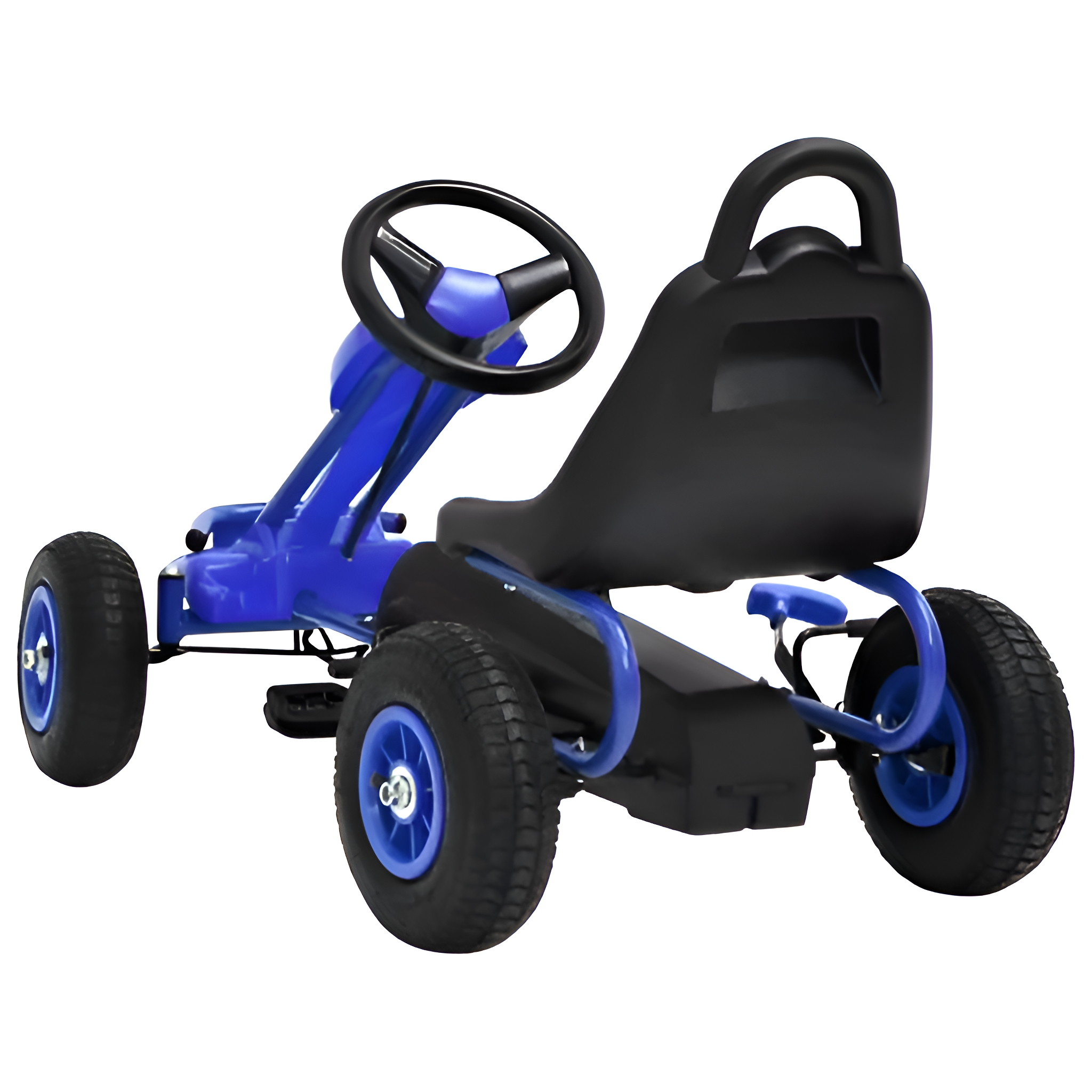 Blaues und schwarzes Pedal-Gokart mit vier Rädern, mit Lenkrad und Sitz.
