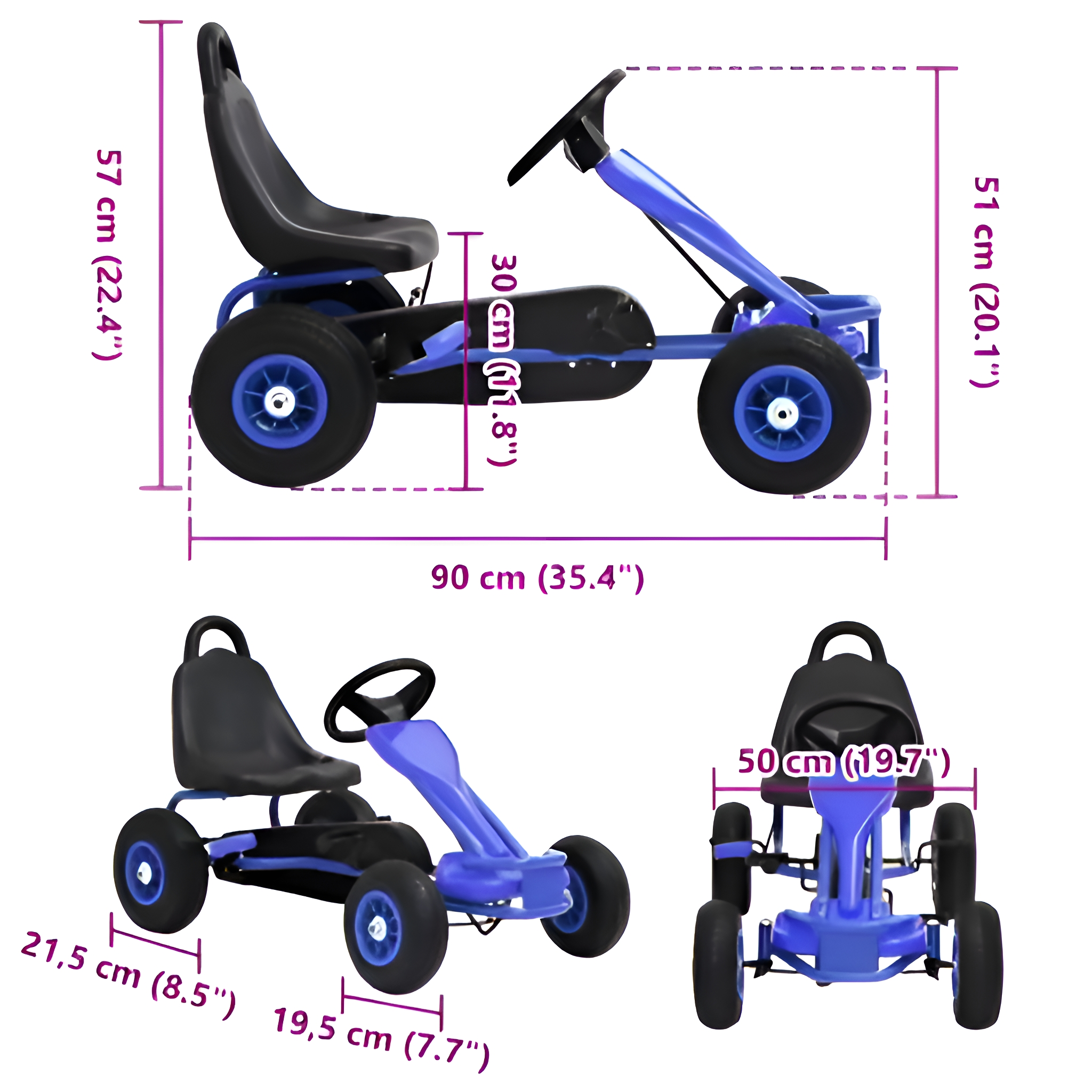 Drei Ansichten eines blauen Tretfahrzeugs mit schwarzem Sitz und Rädern, mit Abmessungen.