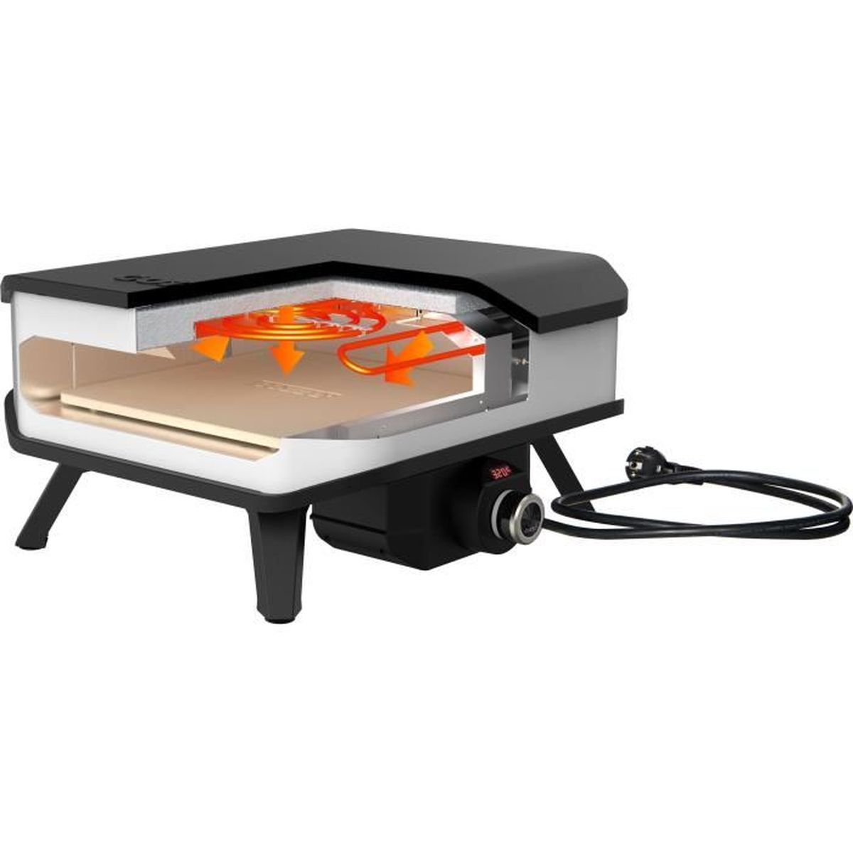 Pizza-oven met open voorkant met steen en verwarmingselementen. Zwart exterieur.