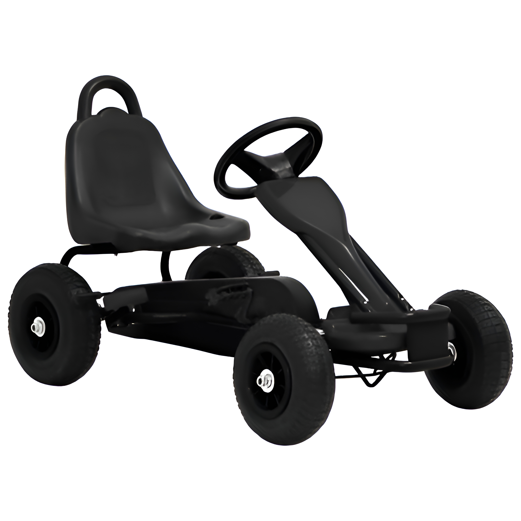 Schwarzes Pedal-Go-Kart mit Sitz, Lenkrad und vier schwarzen Reifen.