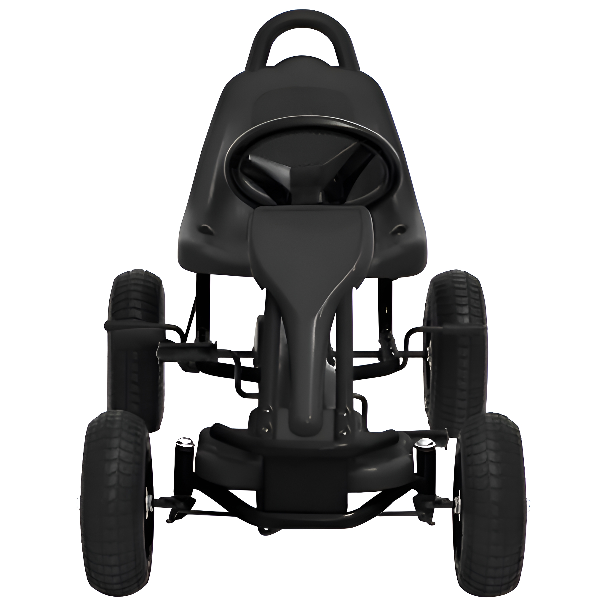 Schwarzes Go-Kart isoliert auf weißem Hintergrund. Es hat vier Räder, einen Sitz und ein Lenkrad.