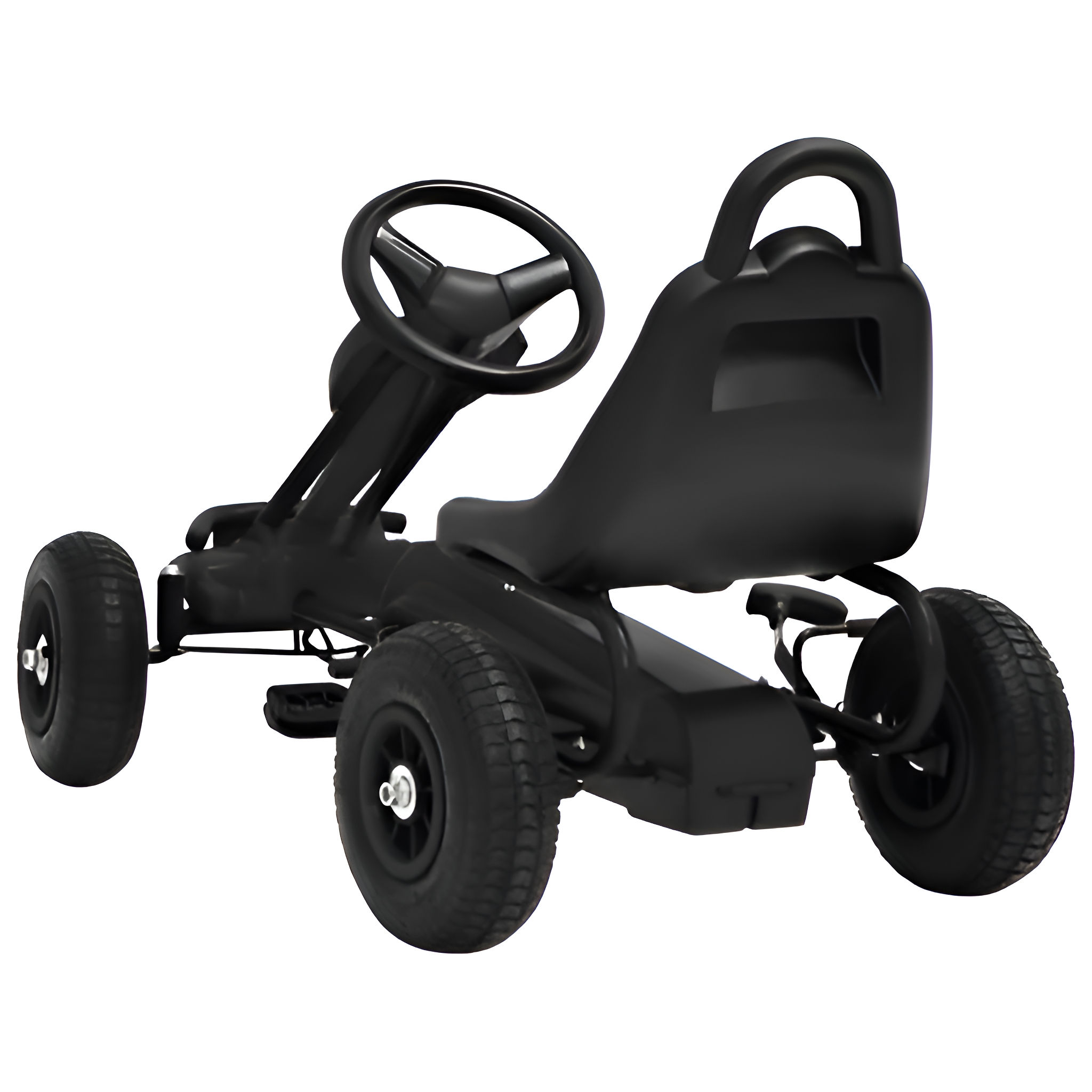 Schwarzer Pedal-Gokart, Rückansicht, mit Sitz, Lenkrad und Pedalen.