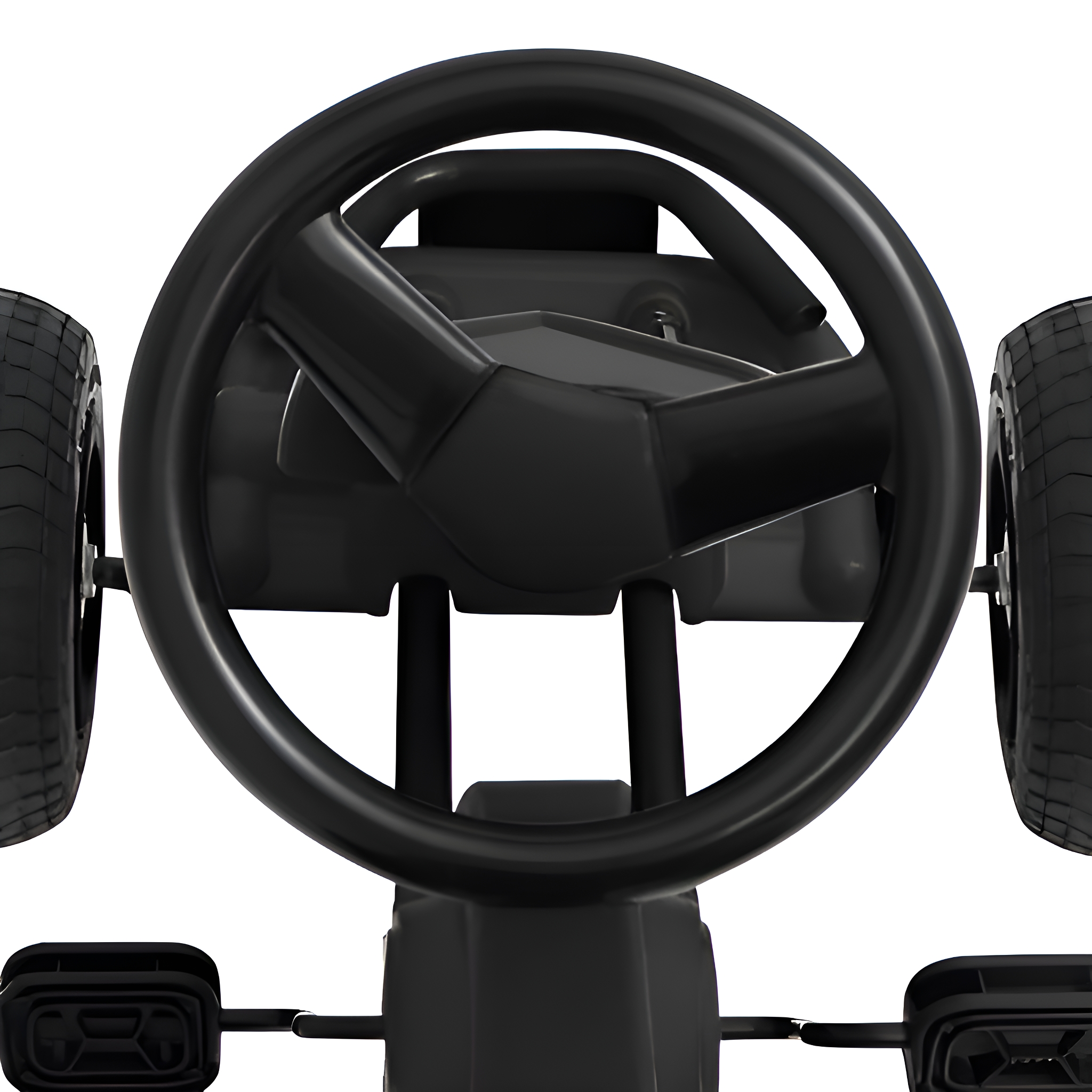 Schwarzes Lenkrad und Pedale von einem Spielzeugauto, isoliert auf Weiß.