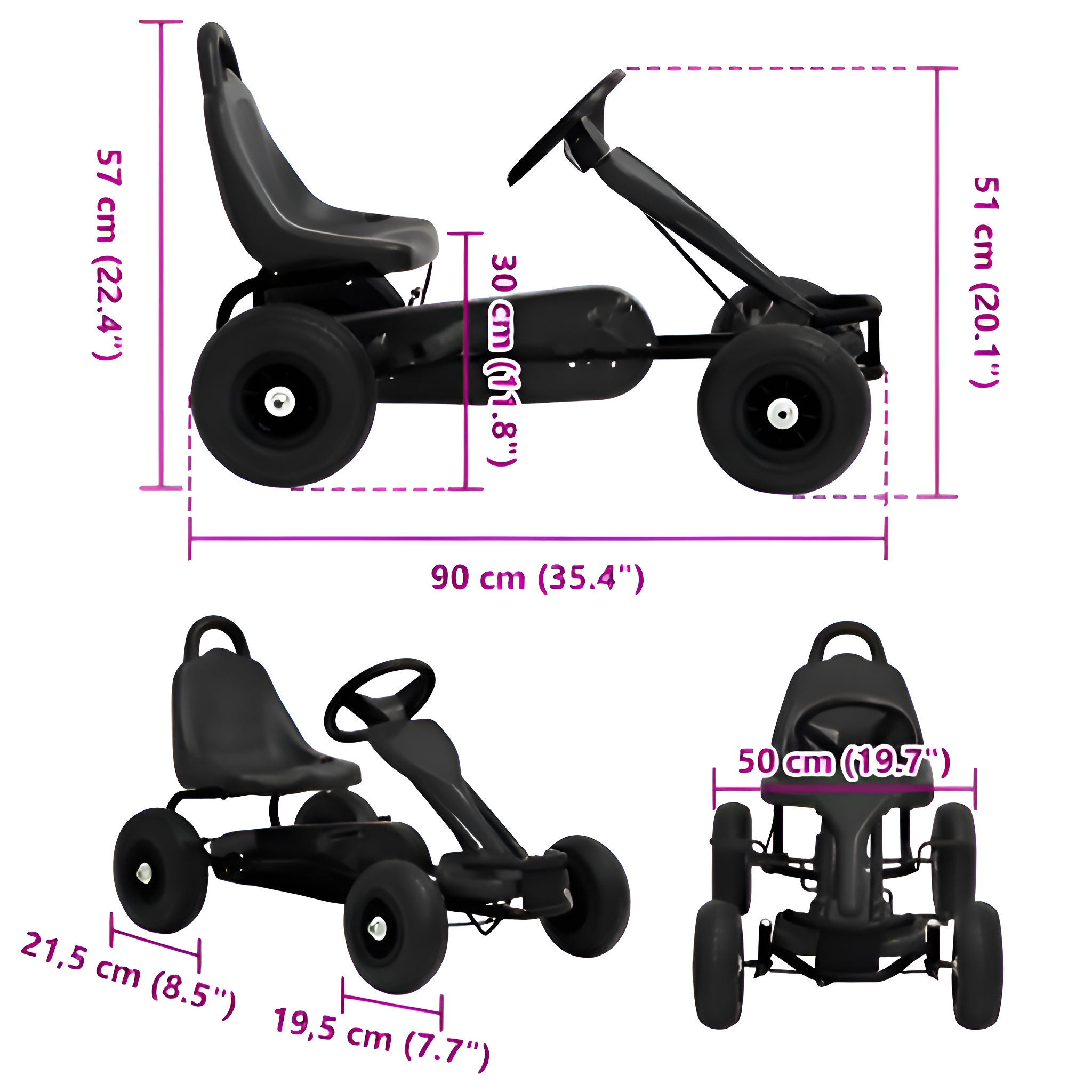 Schwarzes Pedal-Go-Kart mit beschrifteten Abmessungen, aus mehreren Blickwinkeln gezeigt.