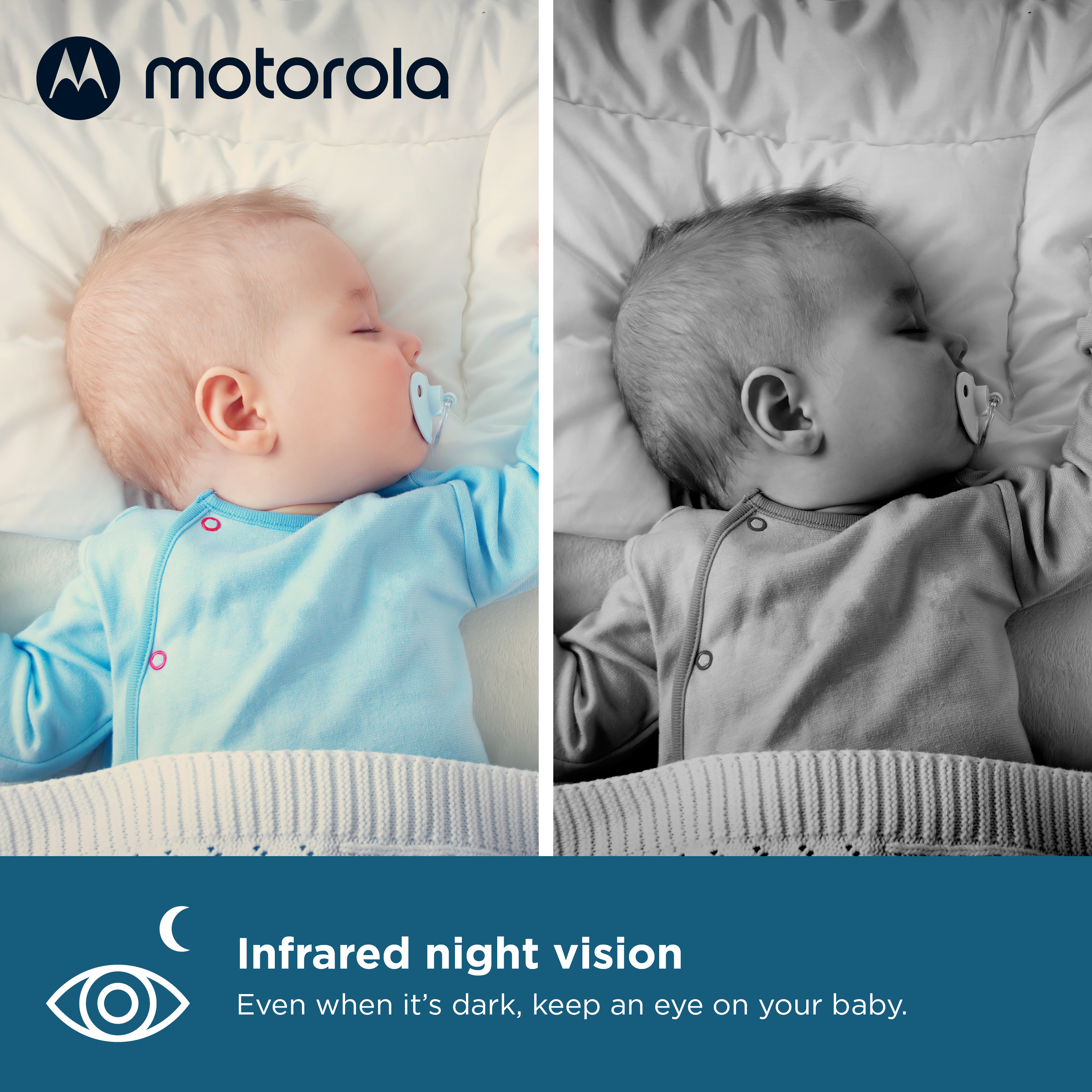 Bild zeigt schlafendes Baby mit Motorola-Logo und Text über Infrarot-Nachtsicht.