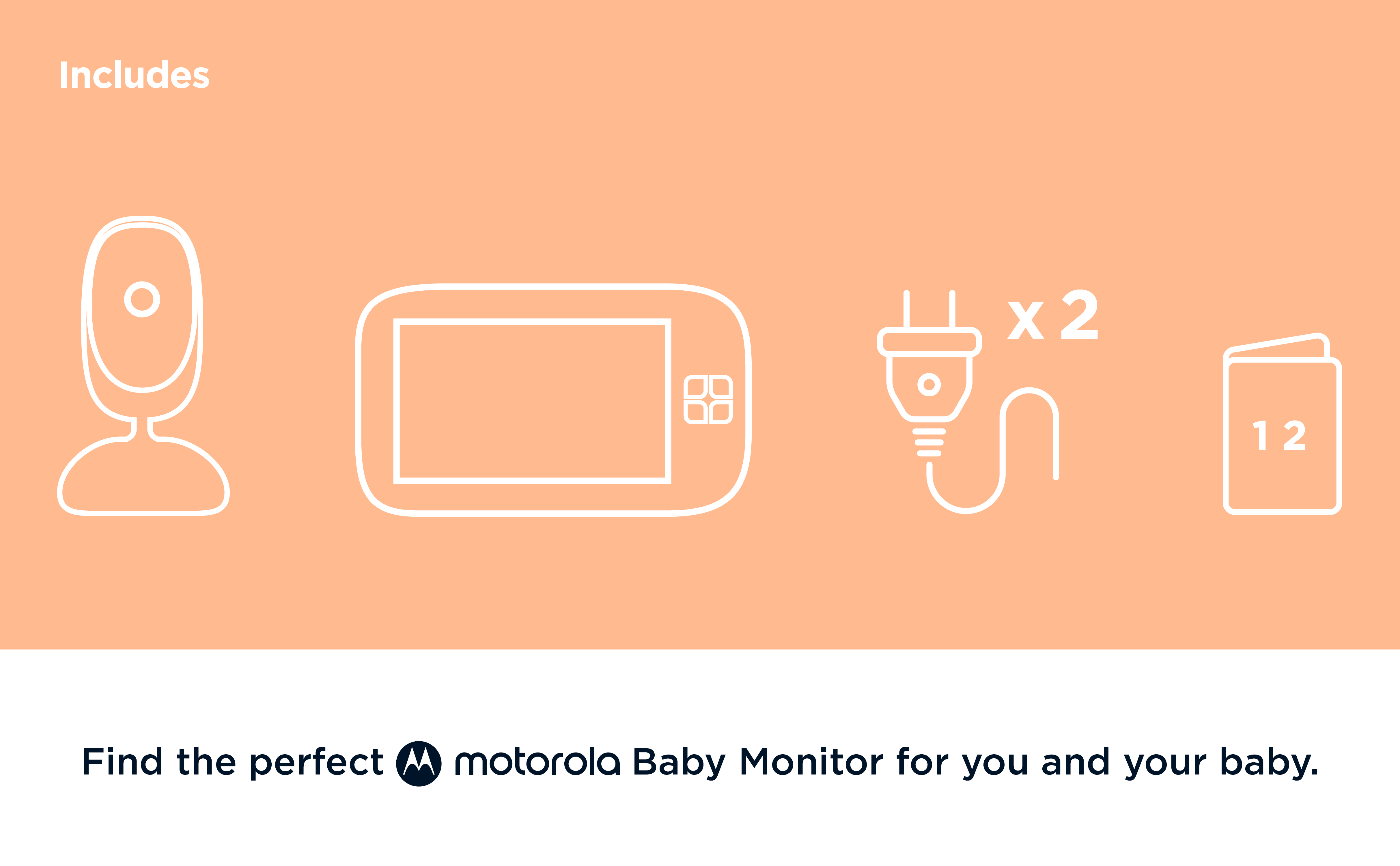 Illustration von Babyphone-Elementen. Enthält Kamera, Monitor, Ladegerät und Benutzerhandbuch.