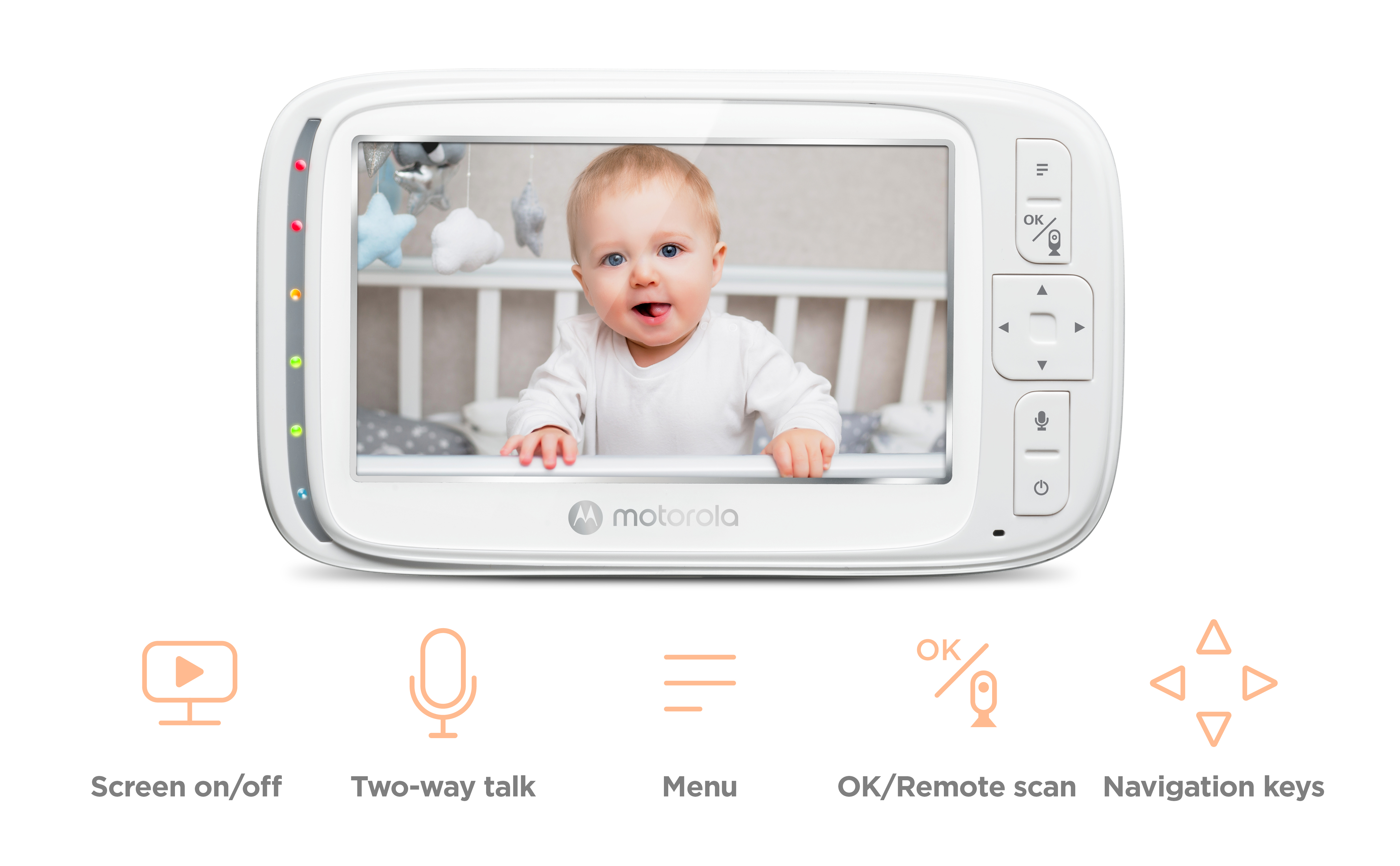Babyfon-Bildschirm mit einem Baby in einem Kinderbett. Enthält Steuertasten und Symbole.