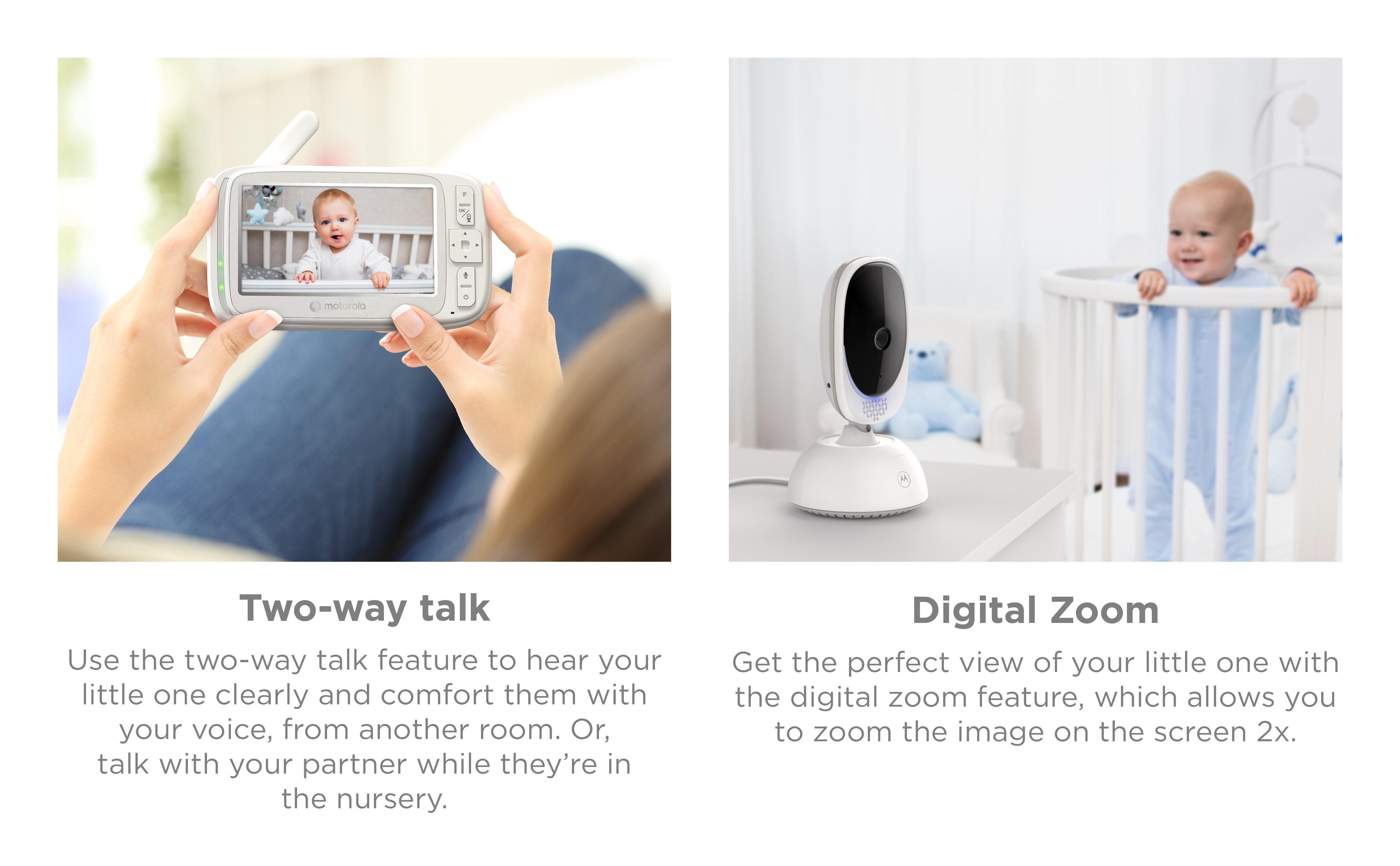 Zwei Babyphone-Bilder. Eines zeigt einen Monitor, das andere ein Baby im Kinderbett. Merkmale sind gelistet.