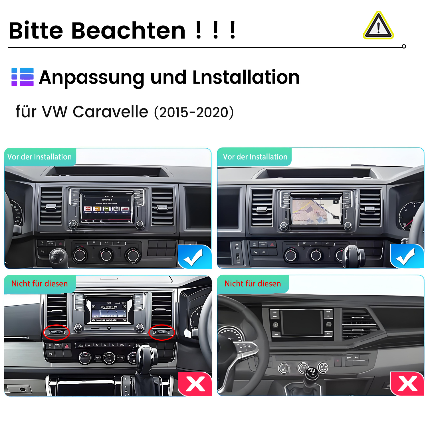 Armaturenbrettkomponenten, zeigen Installationsanweisungen. Zwei richtige und zwei falsche Setups für VW Caravelle.