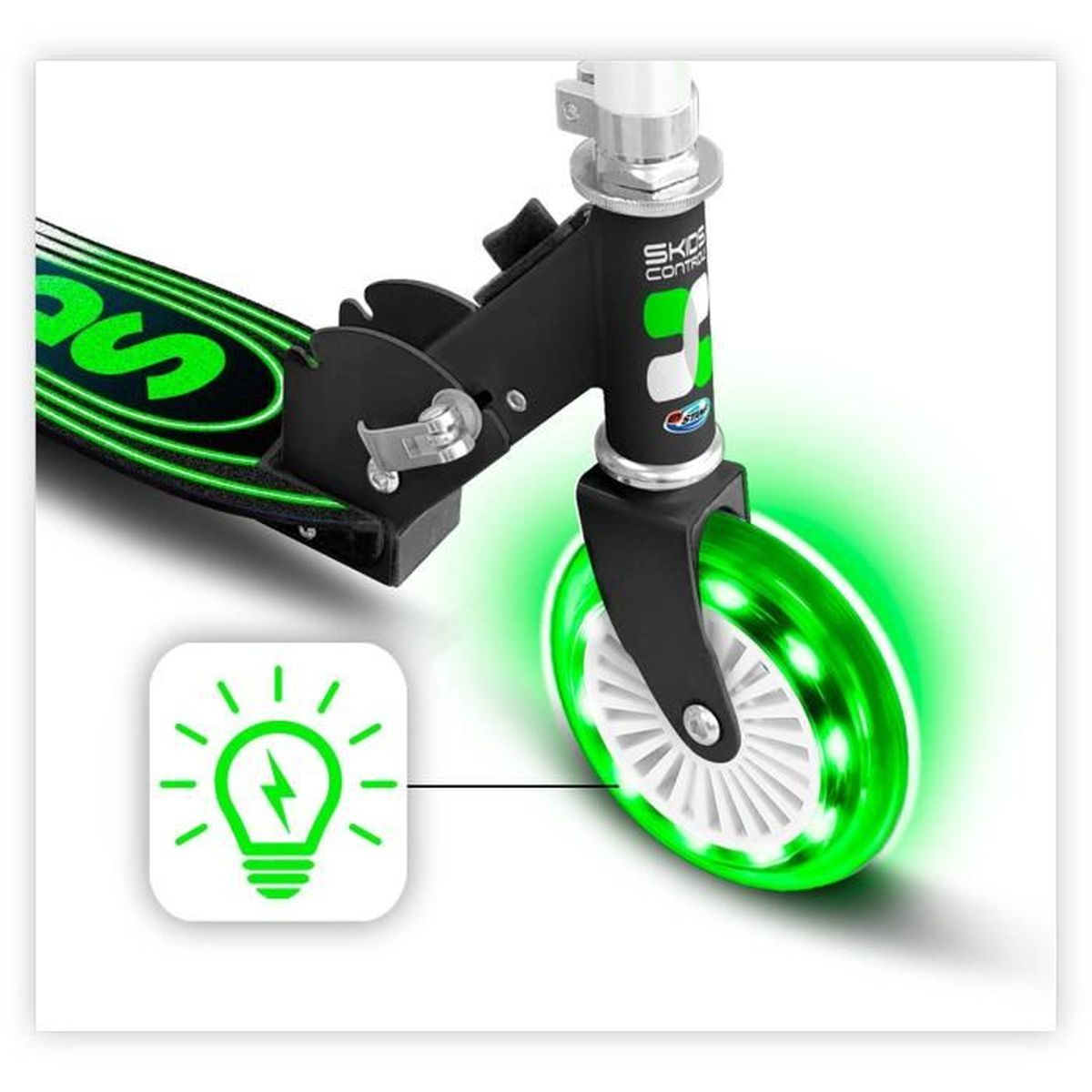 Ein schwarz-grünes Roller-Rad mit grünem Licht im Inneren und einem grünen Symbol.
