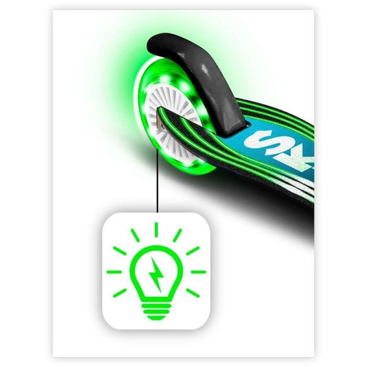 Ein Roller-Rad leuchtet grün. Der Roller ist schwarz und blau, mit einem grünen Glühbirnen-Symbol.