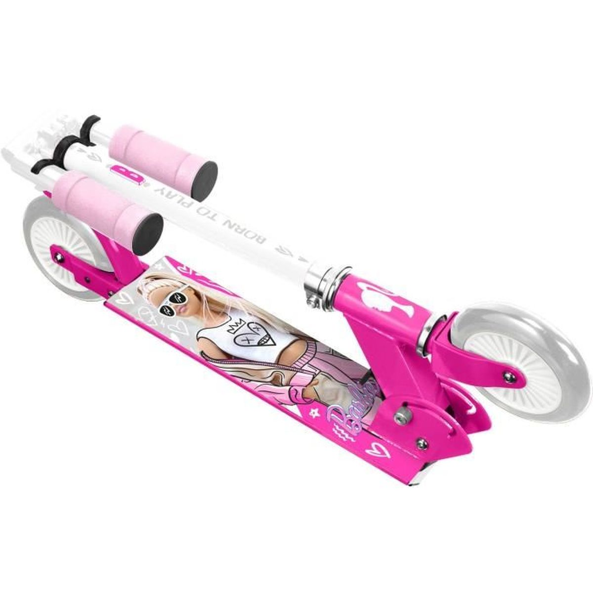 Rosa Roller mit Barbie-Design. Weiße Lenker und ein rosa Rahmen.