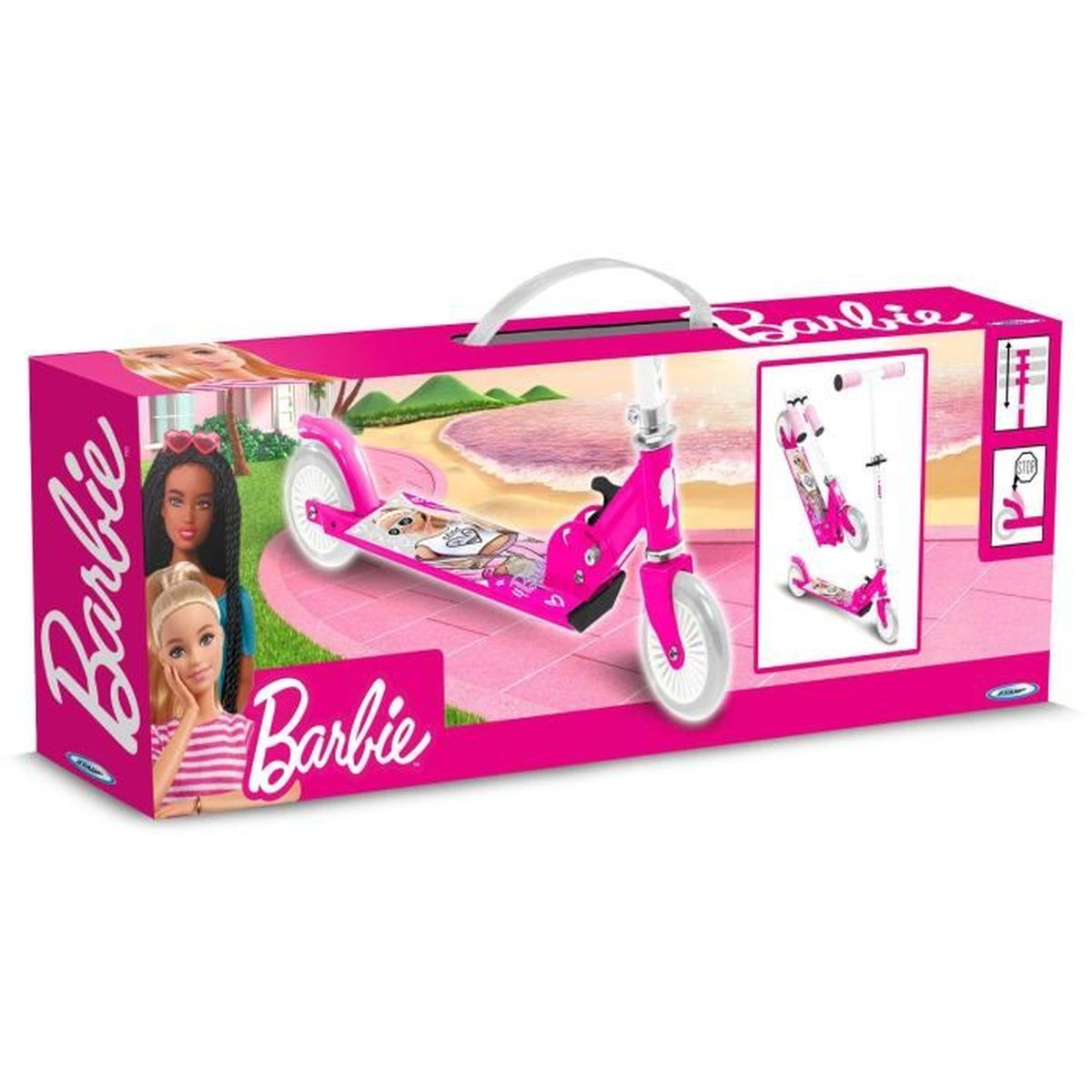 Barbie-Roller-Spielzeug in einer rosa Box mit Barbie-Bildern und einem Griff.