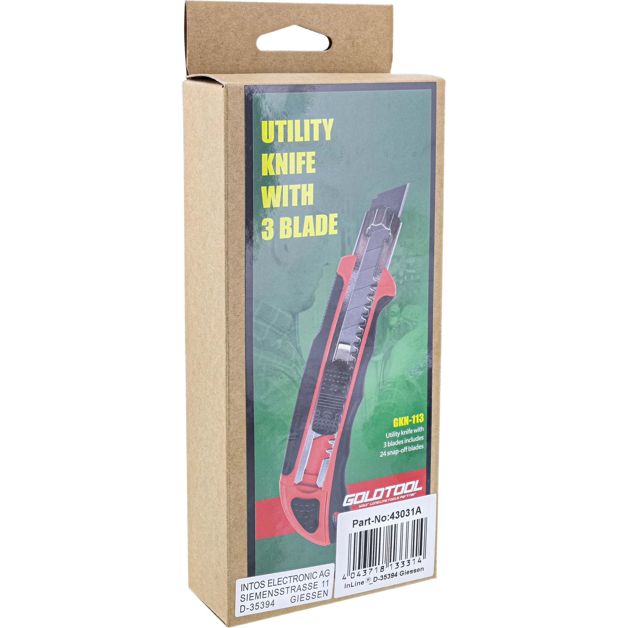 Box mit einem Cuttermesser, mit rotem Griff, mit grünem Etikett.