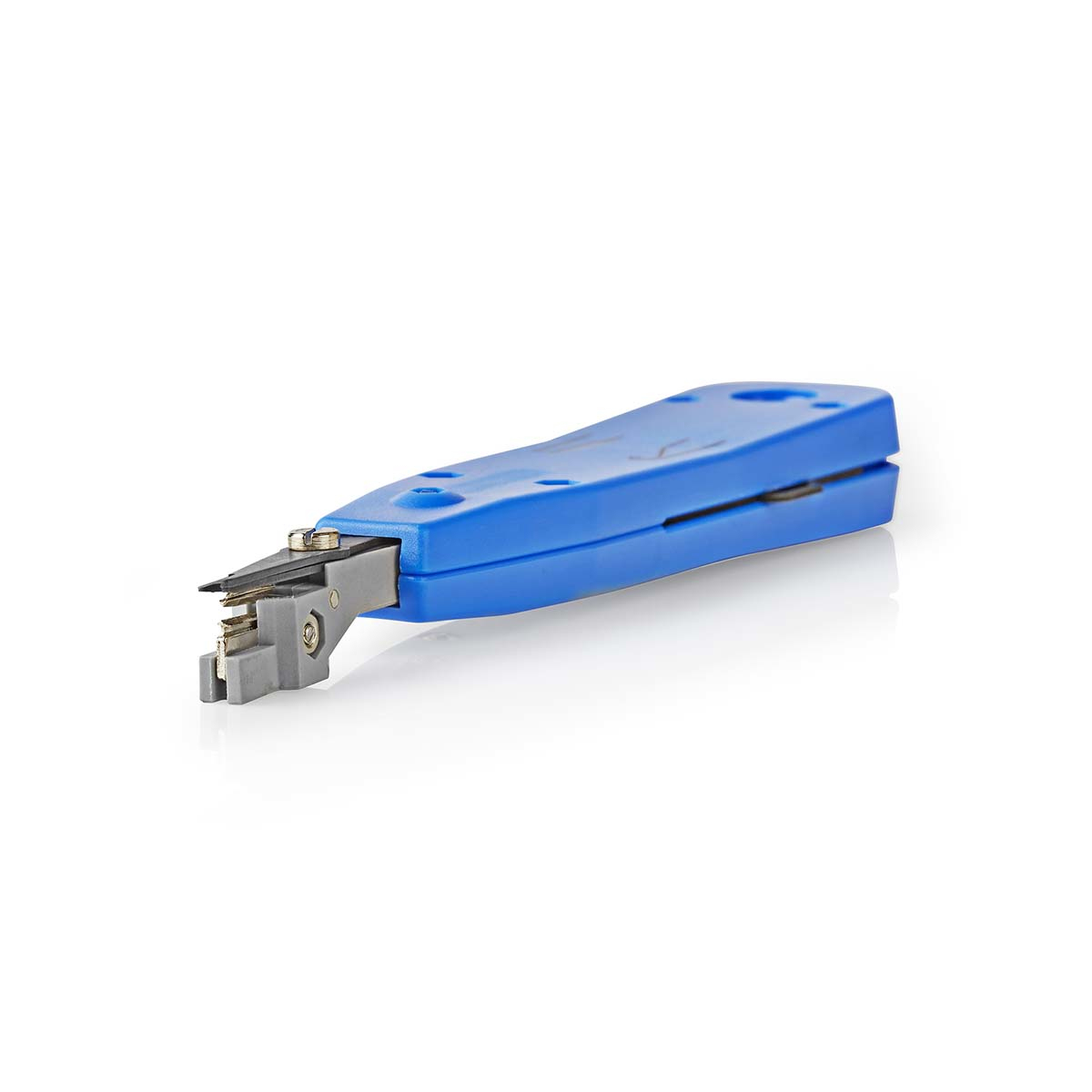 Blauw-grijze punchdown tool, geïsoleerd op wit. Het is een handgereedschap.