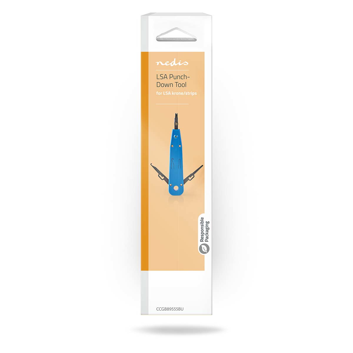 Doos voor een LSA punch-down tool, blauwe tool binnenin, witte achtergrond.