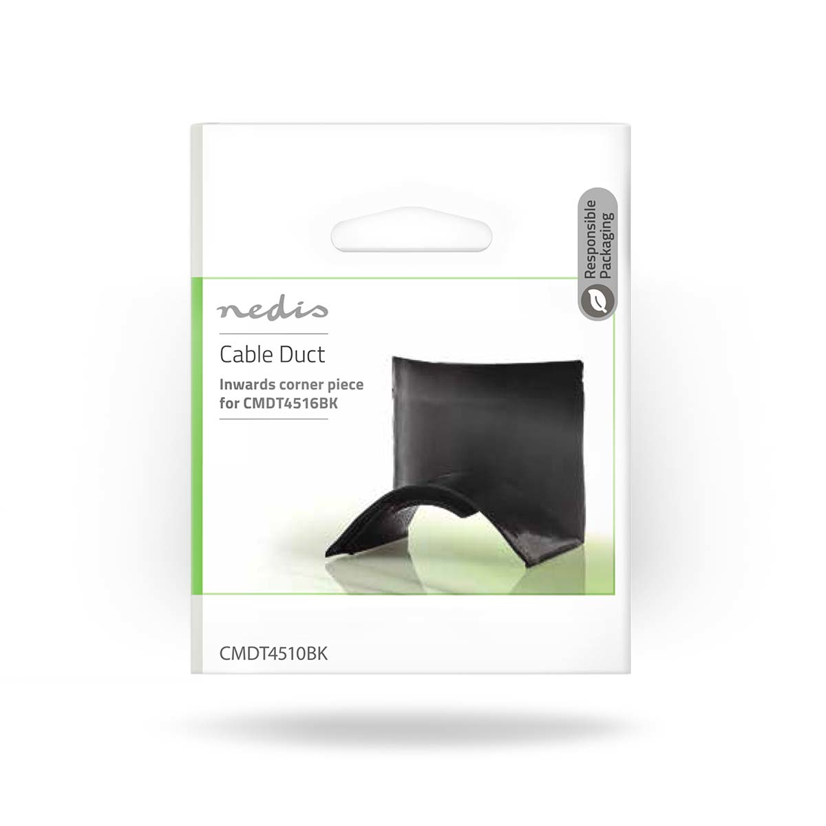 Eine weiß-grüne Verpackung mit einem schwarzen Kabelkanal darin.