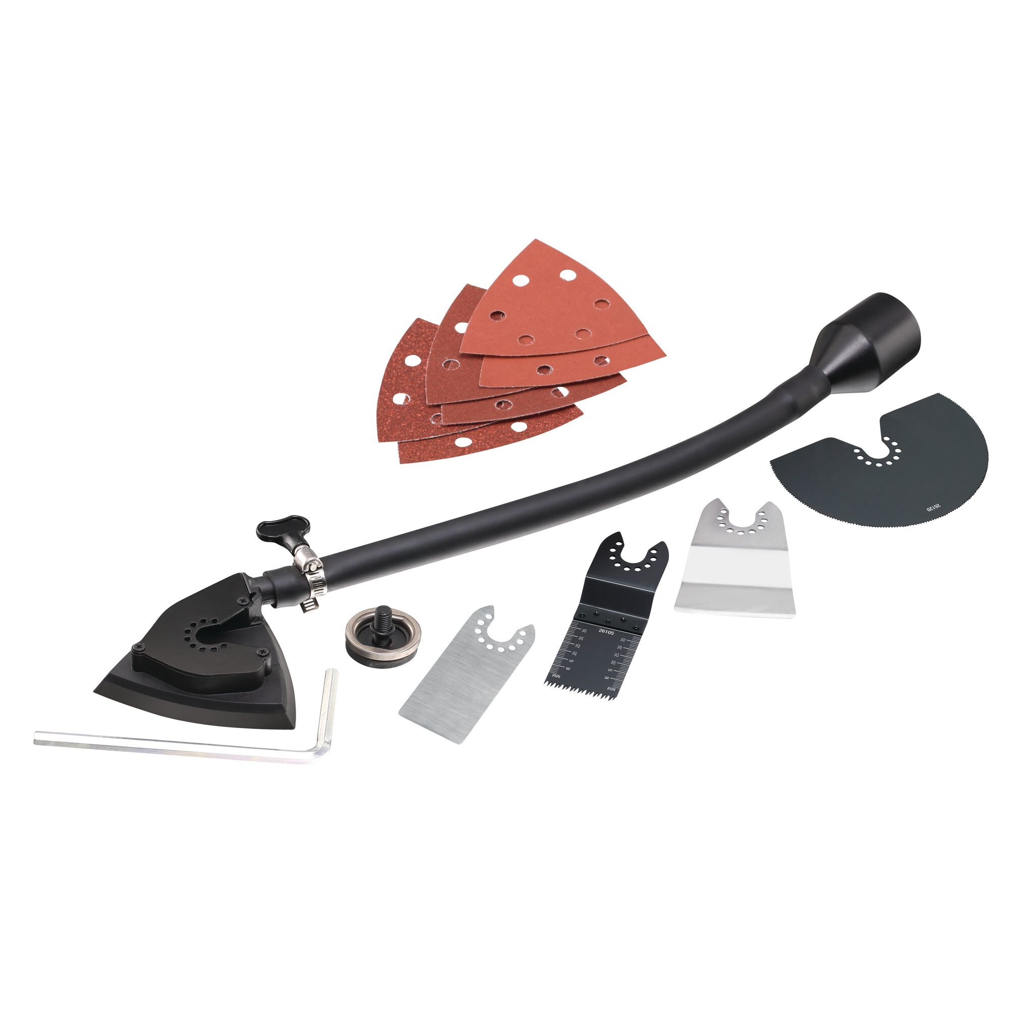 Czarna szlifierka z różnymi ostrzami i papierami ściernymi.