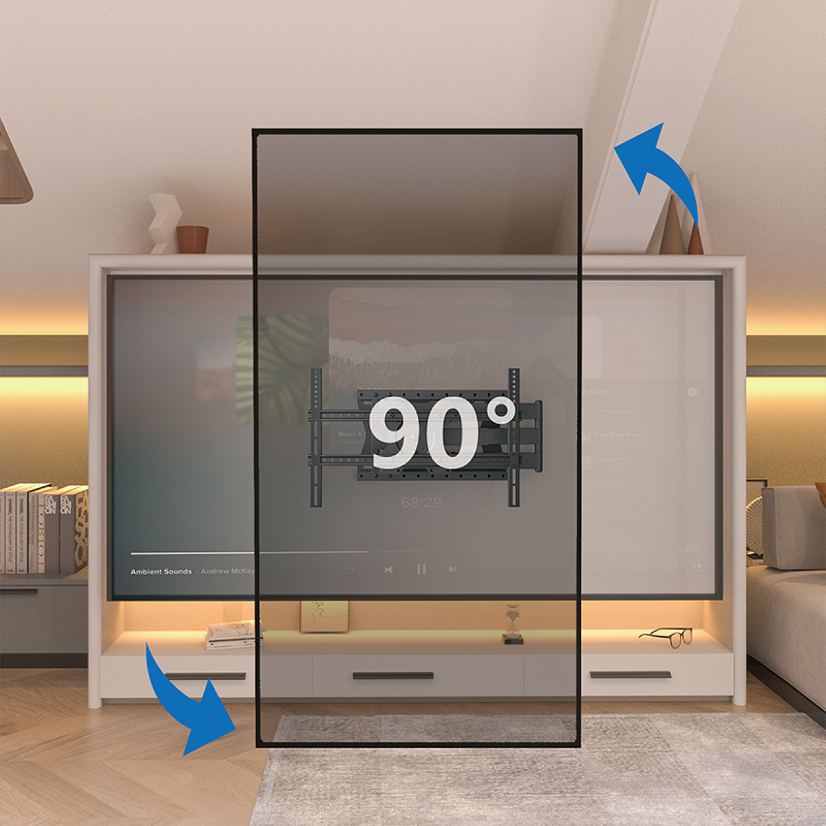 TV screen swivels 90 degrees. Mounted on a wall, with a modern interior.