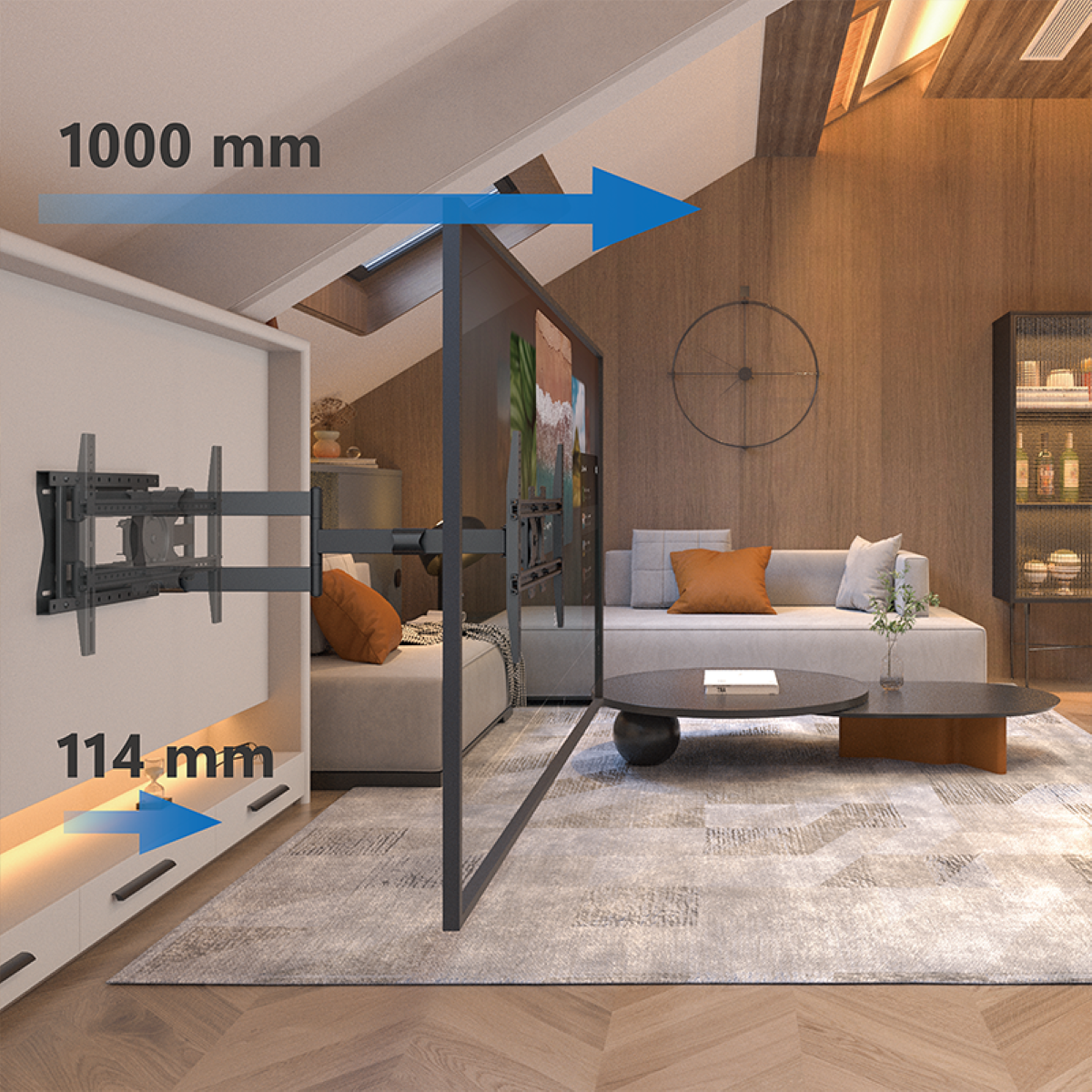 A living room with a wall-mounted TV and furniture, and arrows showing dimensions of 1000mm and 114mm.
