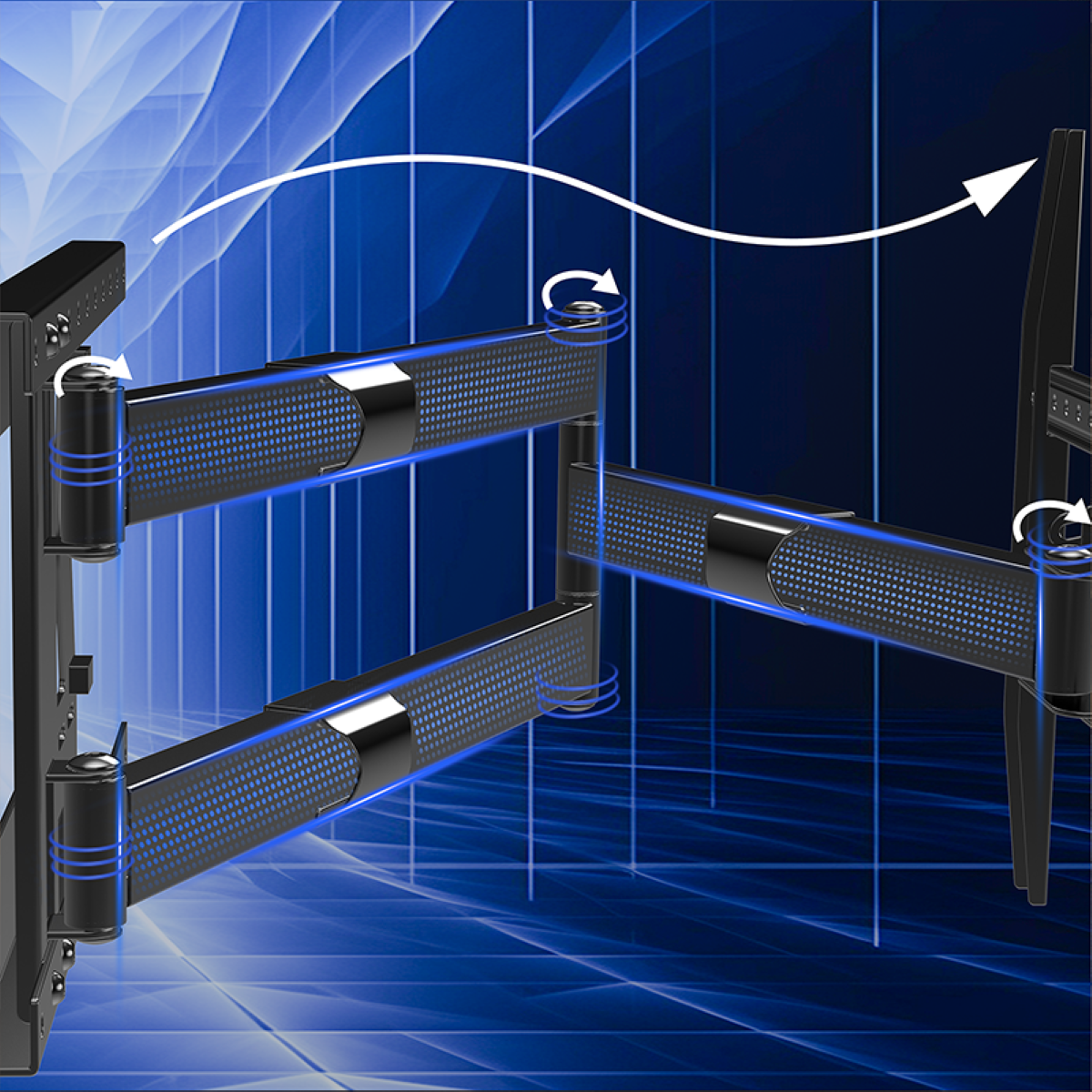 TV mount with articulated arms, showing the adjustment functionality.