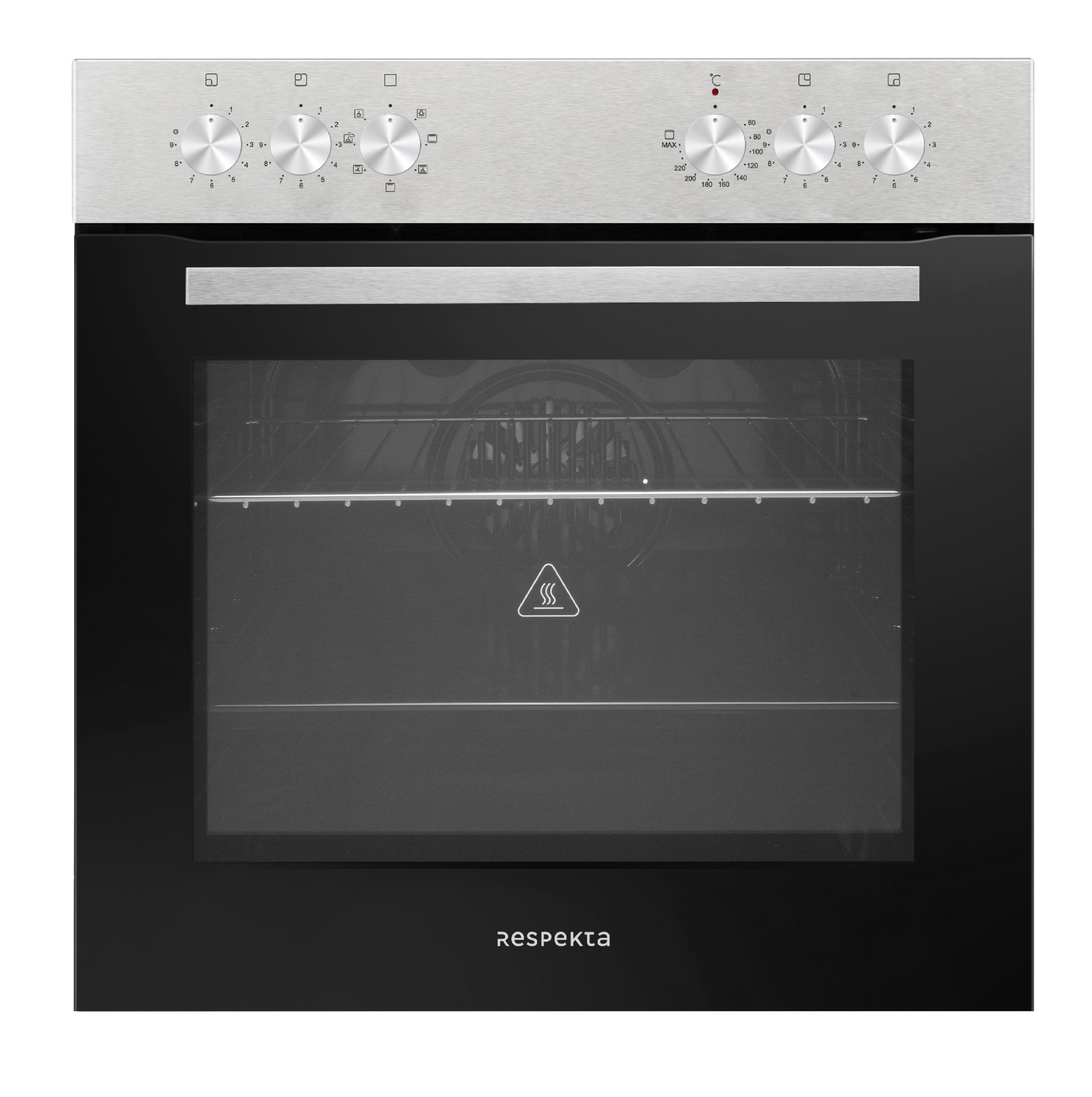 Een oven met een roestvrijstalen bovenpaneel met knoppen en een zwarte glazen deur.