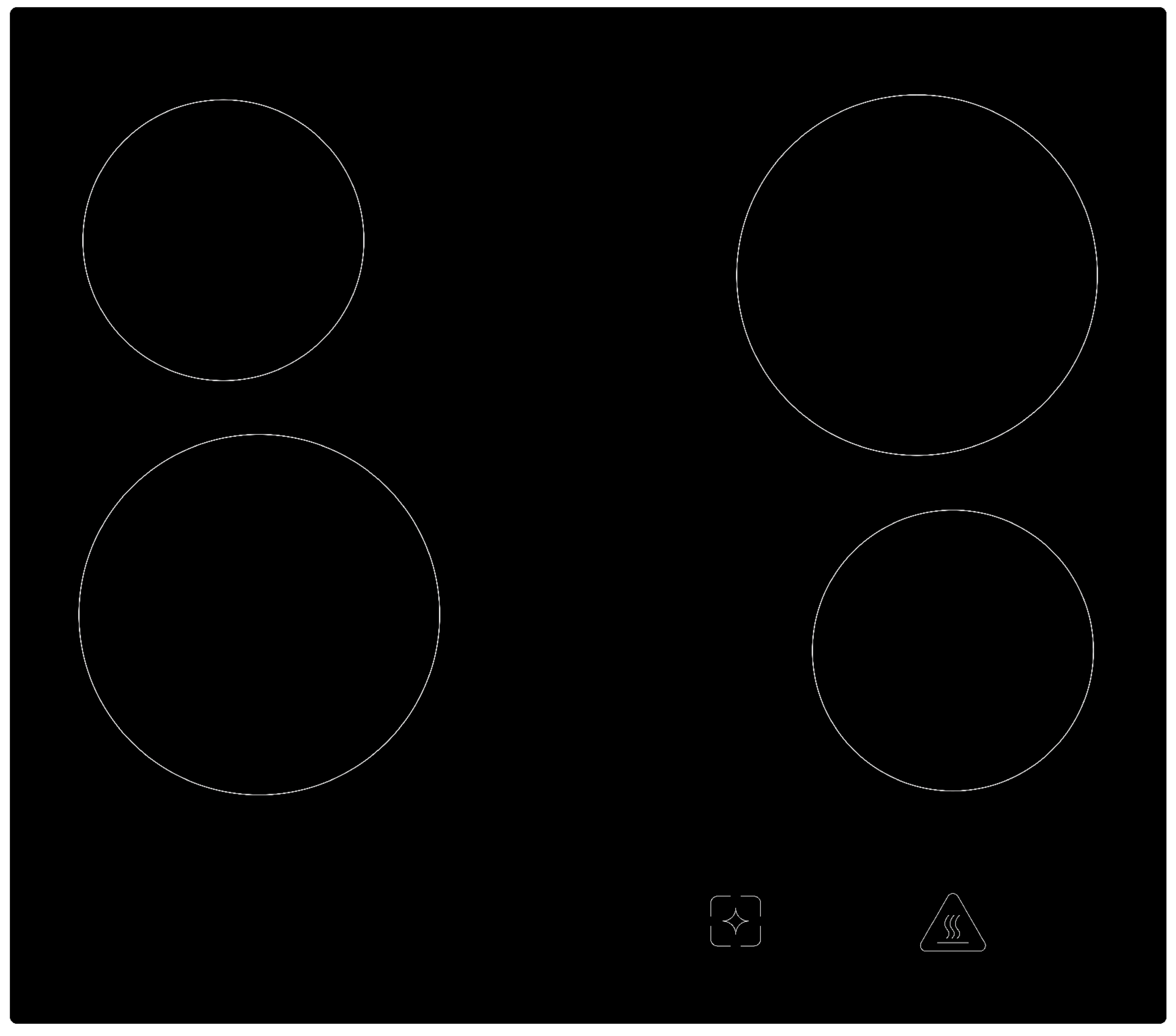 A black glass stovetop with four white circular heating elements.