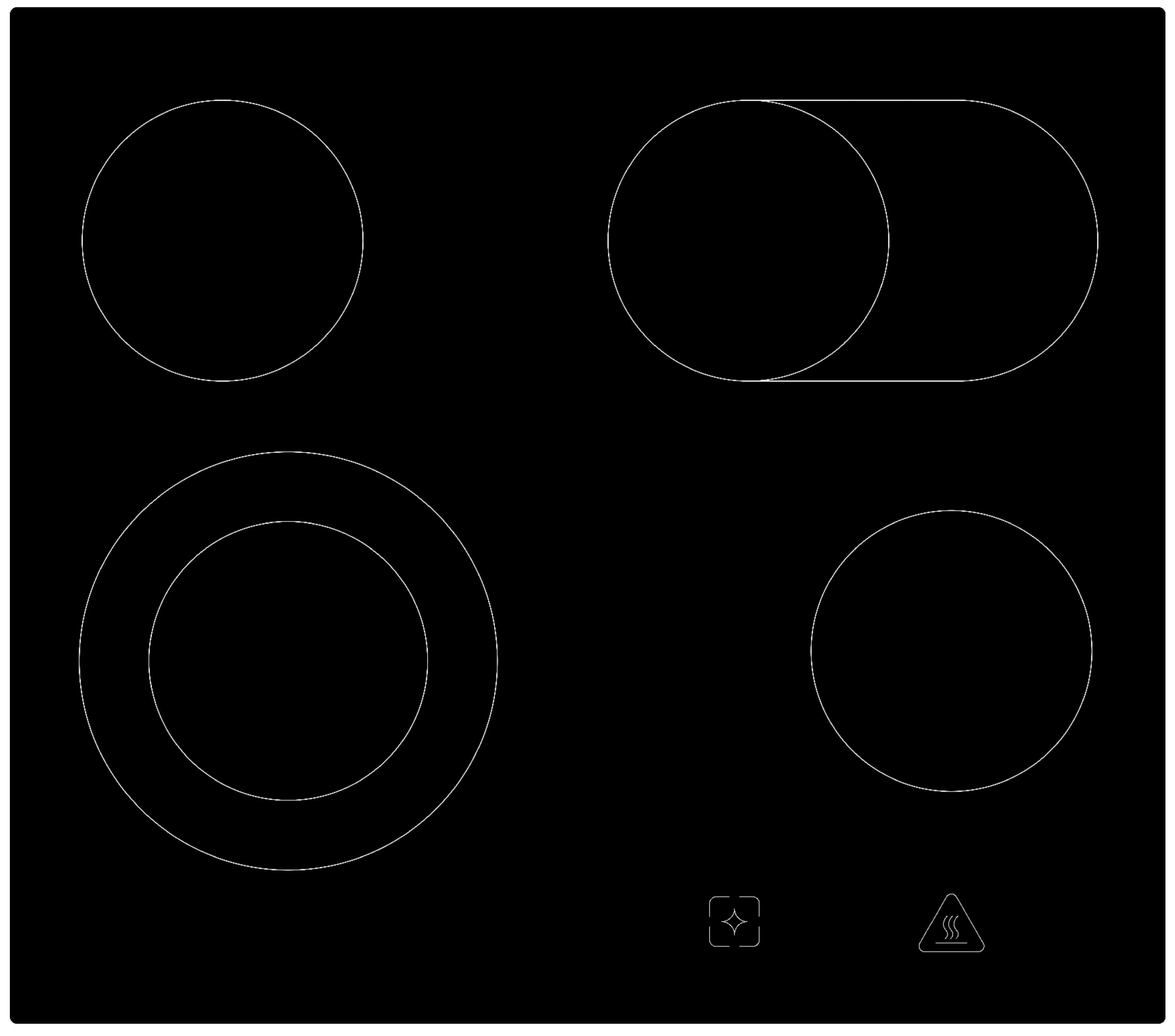 Een zwart elektrisch kooktoestel met vier cirkelvormige verwarmingselementen met witte omtrek.