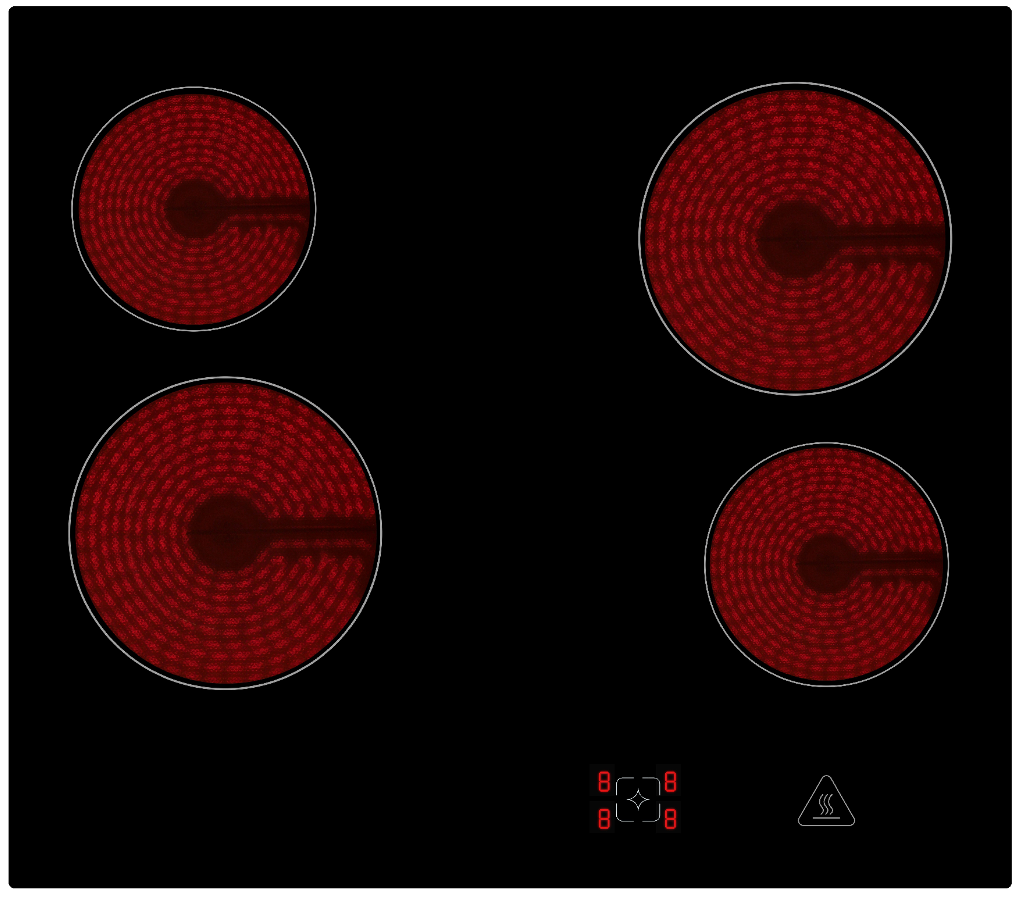 Black stovetop with four red, illuminated cooking elements. Control panel is visible.