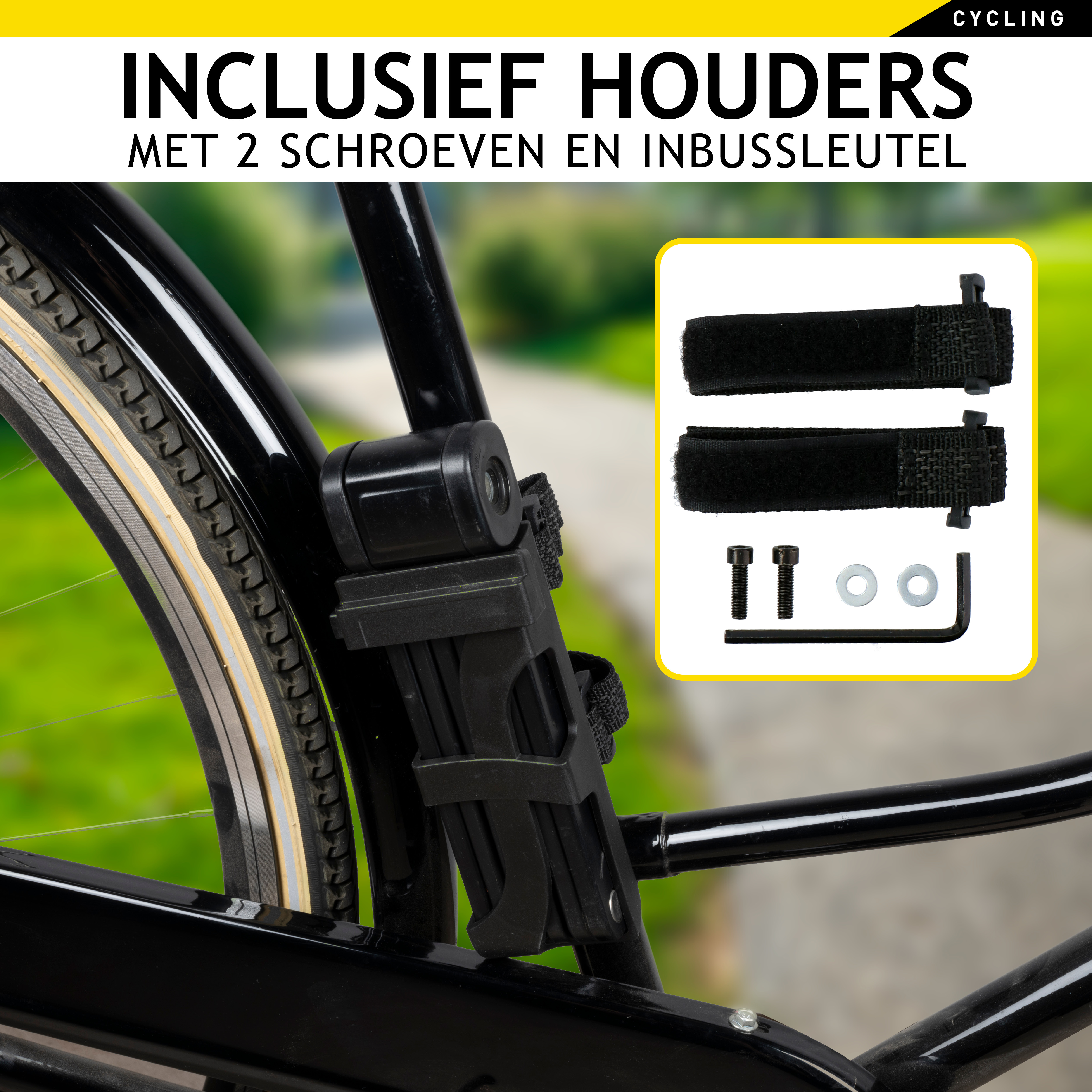 Fietsaccessoires inclusief houders, schroeven en een inbussleutel.