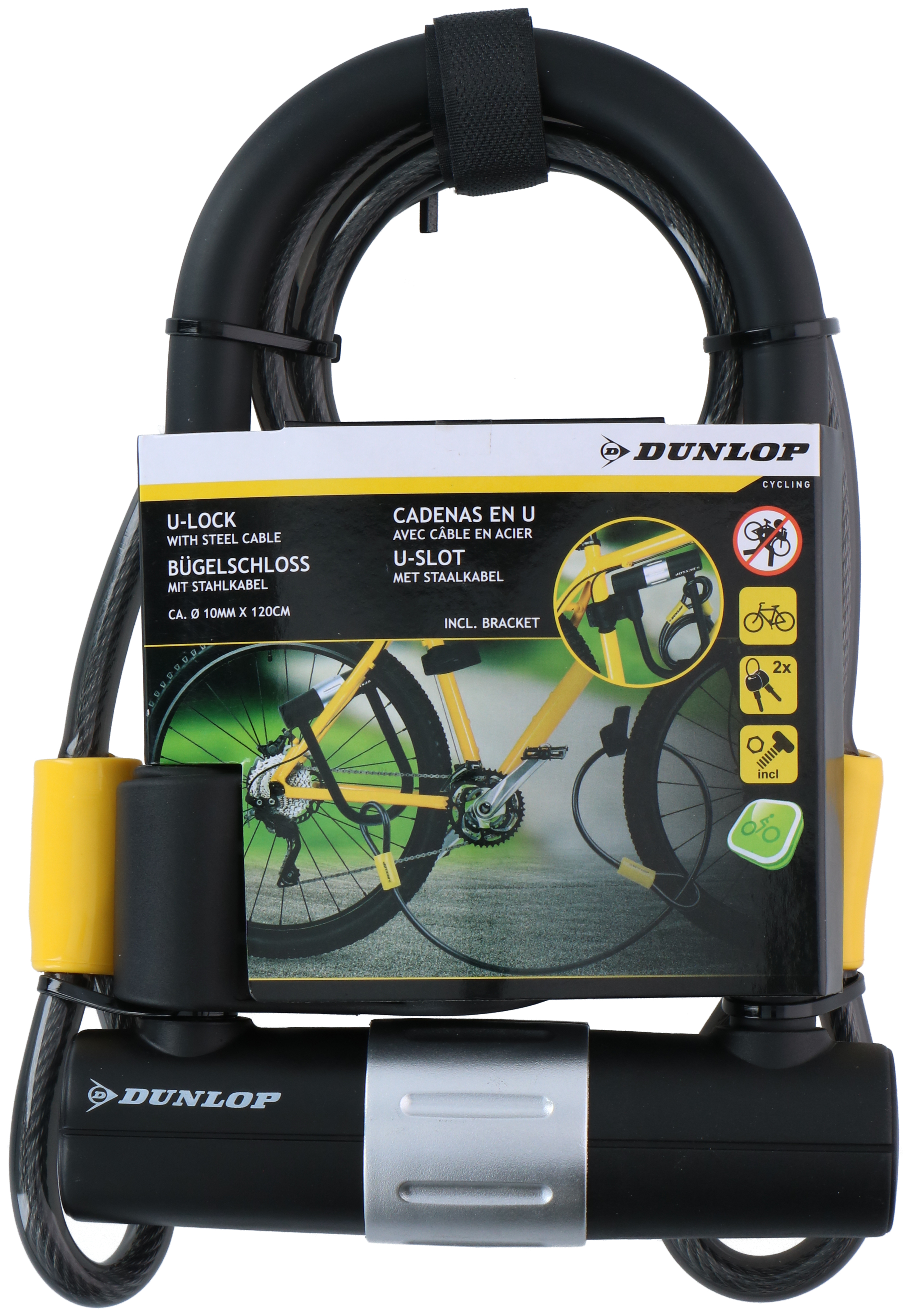 Schwarzes U-Schloss-Fahrradschloss mit Stahlkabel, gelben Akzenten und Produktinformationskarte.