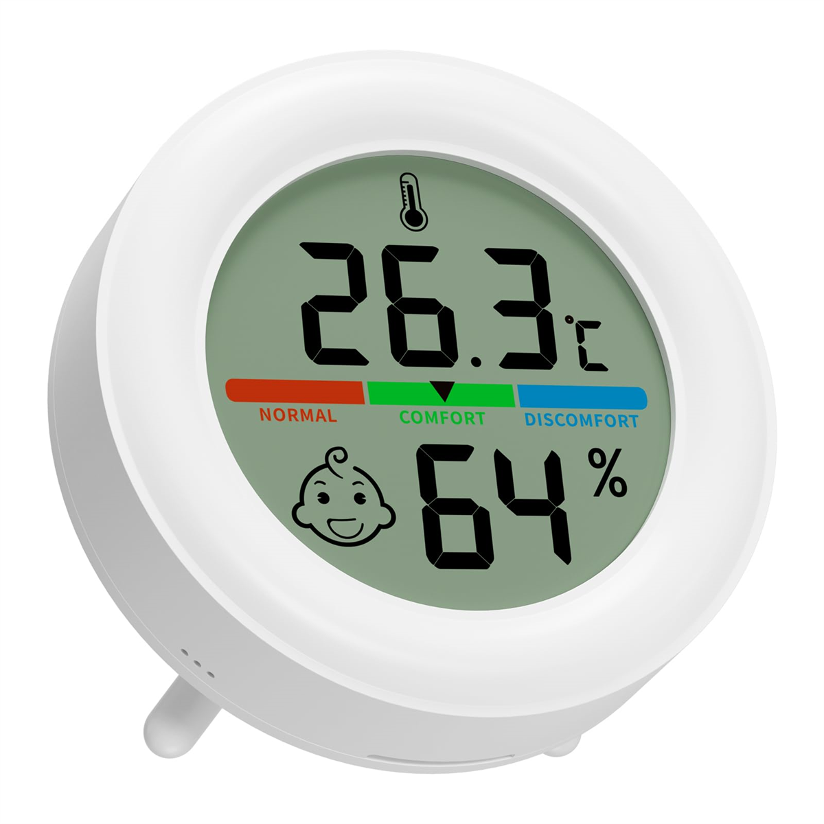 Weißes digitales Thermometer, das Temperatur, Luftfeuchtigkeit und Komfortstufen anzeigt.