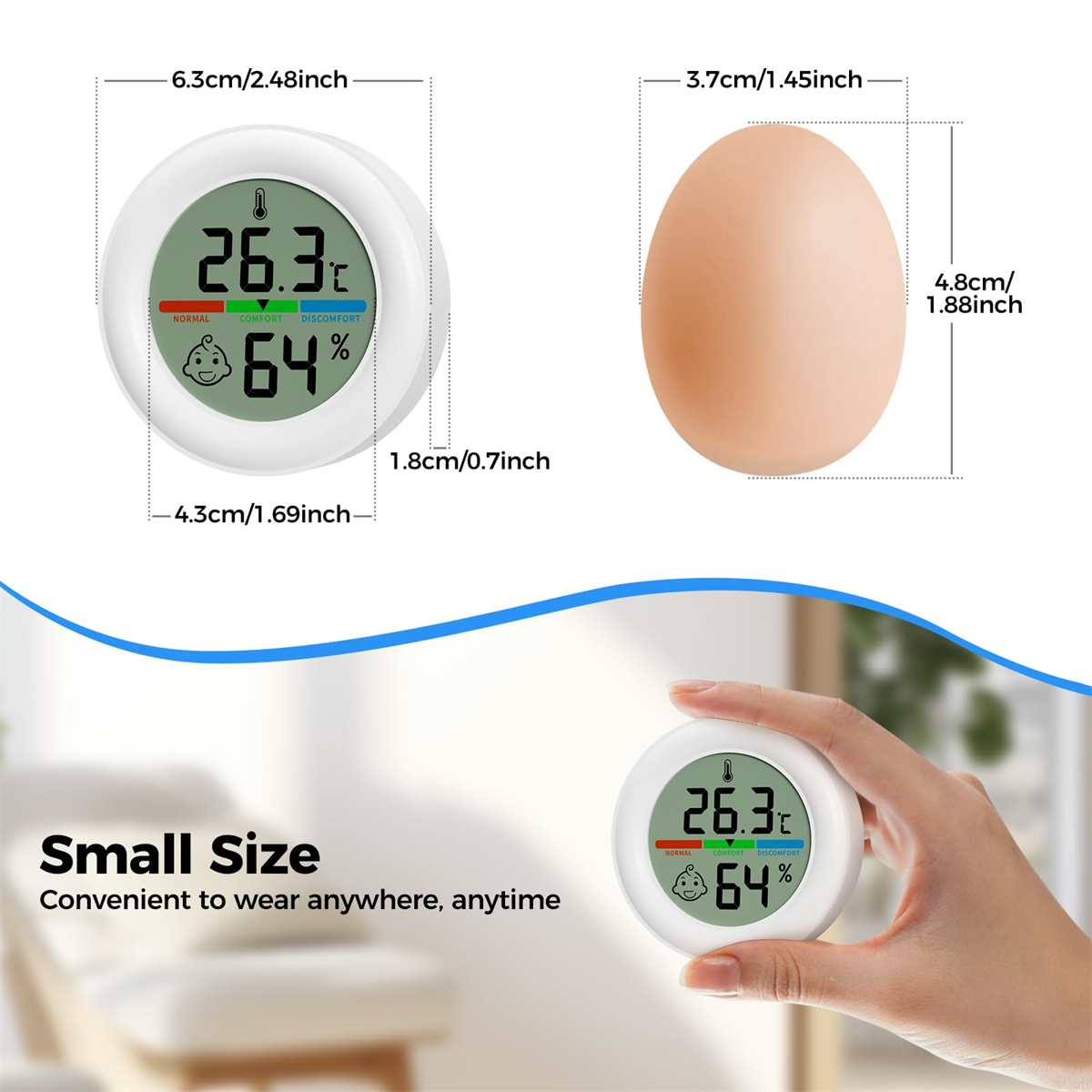 Ein Thermometer und ein Ei mit Messungen und Text. Das Thermometer zeigt Temperatur und Luftfeuchtigkeit an.