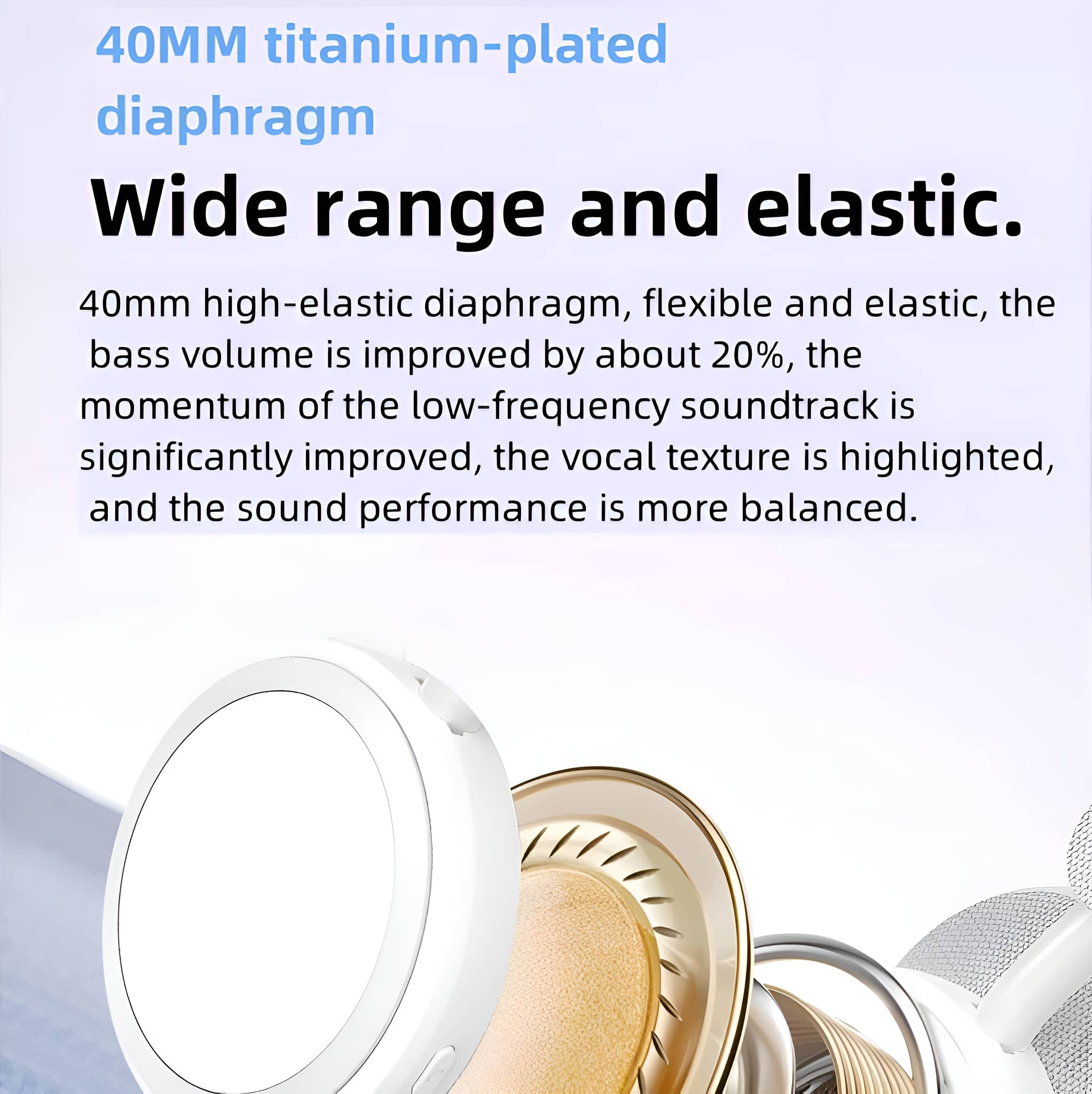 Detaillierte Ansicht eines weißen und goldenen Lautsprechers mit 40-mm-Membran. Text über weiten Bereich und elastischen Klang.