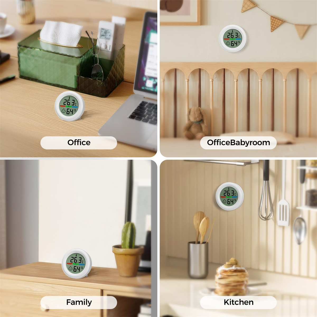 Vier Bilder, die ein digitales Thermometer in verschiedenen Heimsettings zeigen: Büro, Babyzimmer, Familie und Küche.