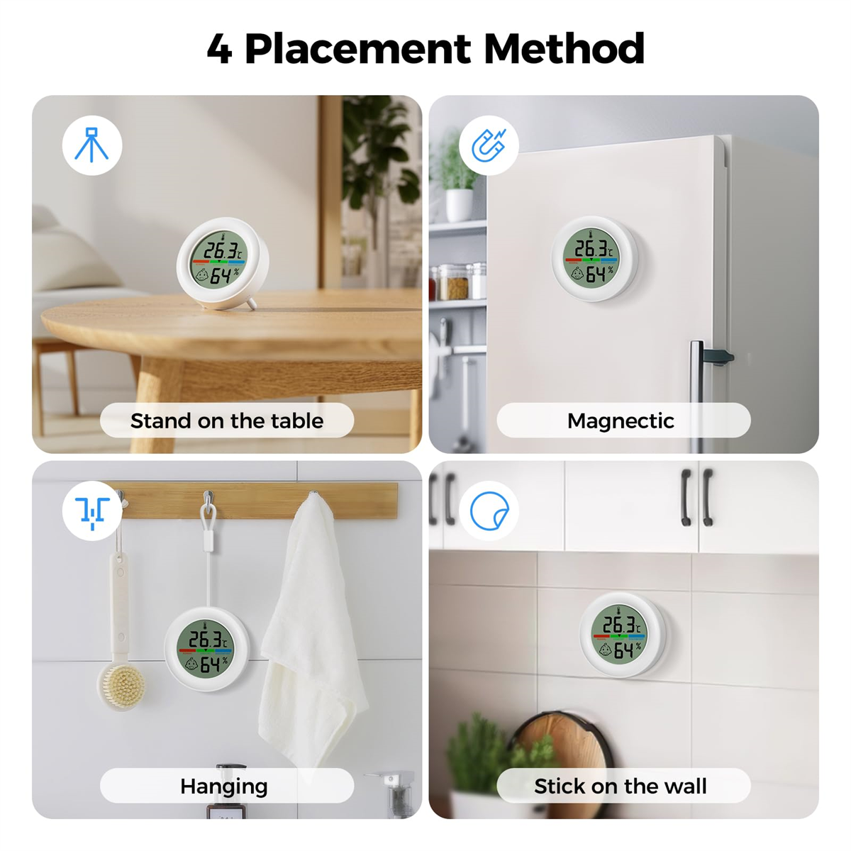Vier Bilder zeigen verschiedene Platzierungsmöglichkeiten eines runden Digitalthermometers.