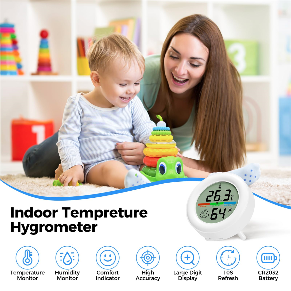 Eine Frau und ein Kind spielen mit einem Spielzeug. In der Ecke befindet sich ein Temperatur- und Feuchtigkeitsmonitor.