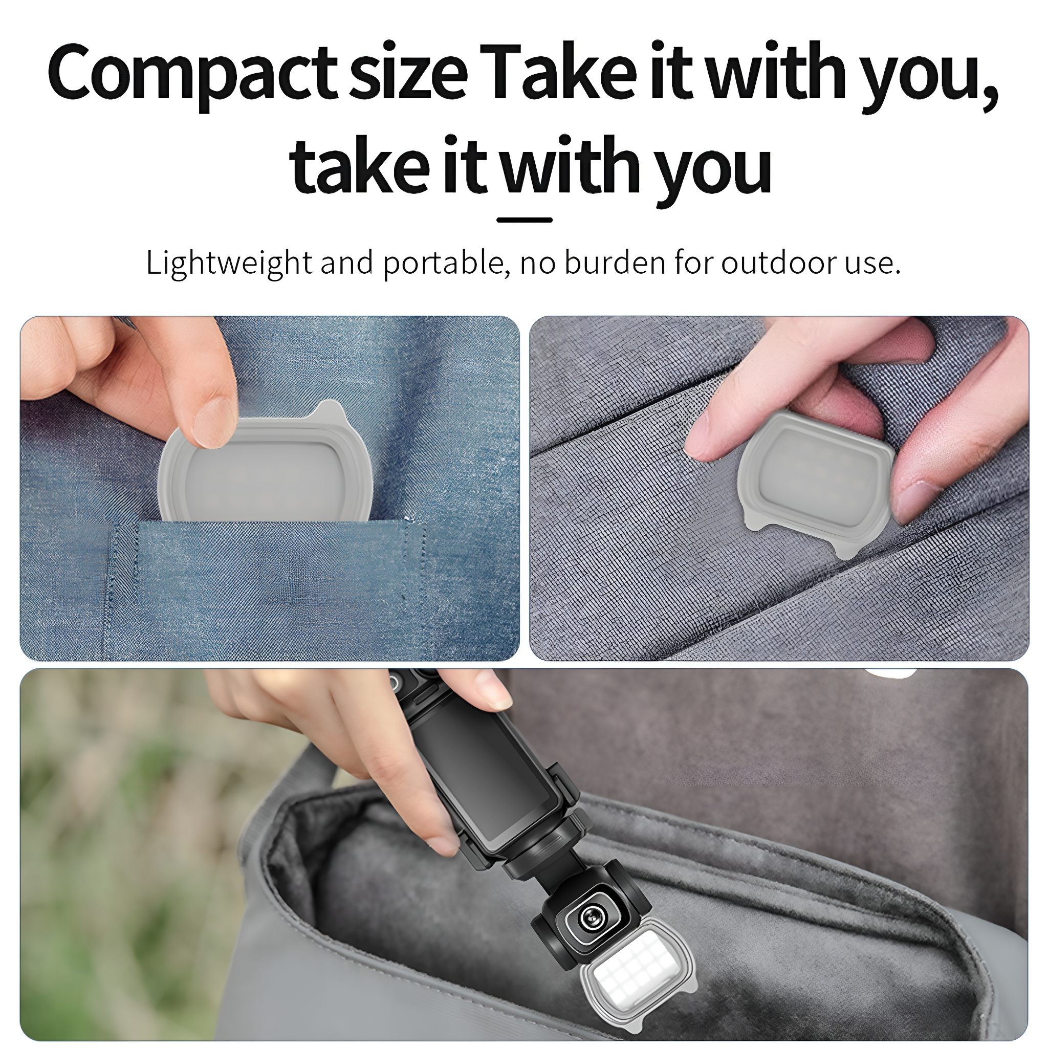 Hände, die einen kleinen grauen Gegenstand in eine Tasche und eine Tasche stecken; Text sagt kompakte Größe.
