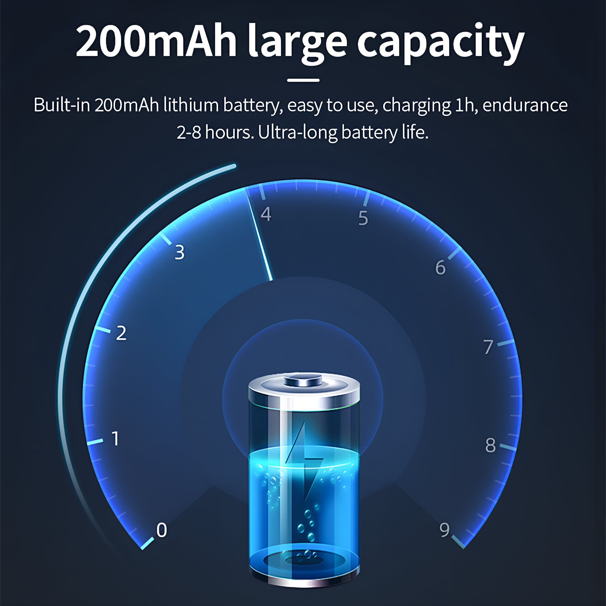 Diagramm einer blauen Batterie mit Messgerät, das eine Kapazität von 200 mAh und lange Lebensdauer zeigt.
