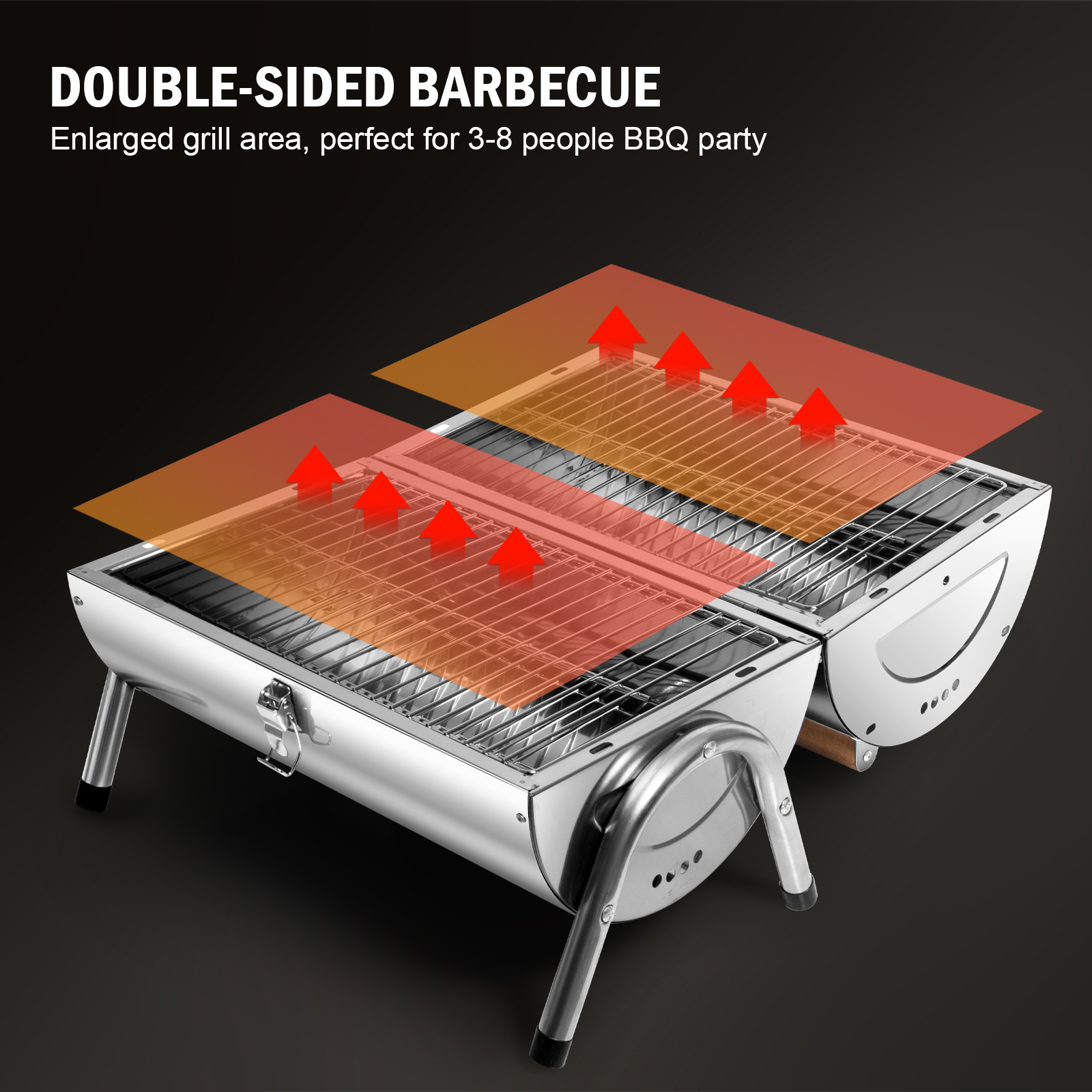 Ein doppelseitiger Grill mit vergrößerter Grillfläche, perfekt für 3-8 Personen. Schwarzer Hintergrund.