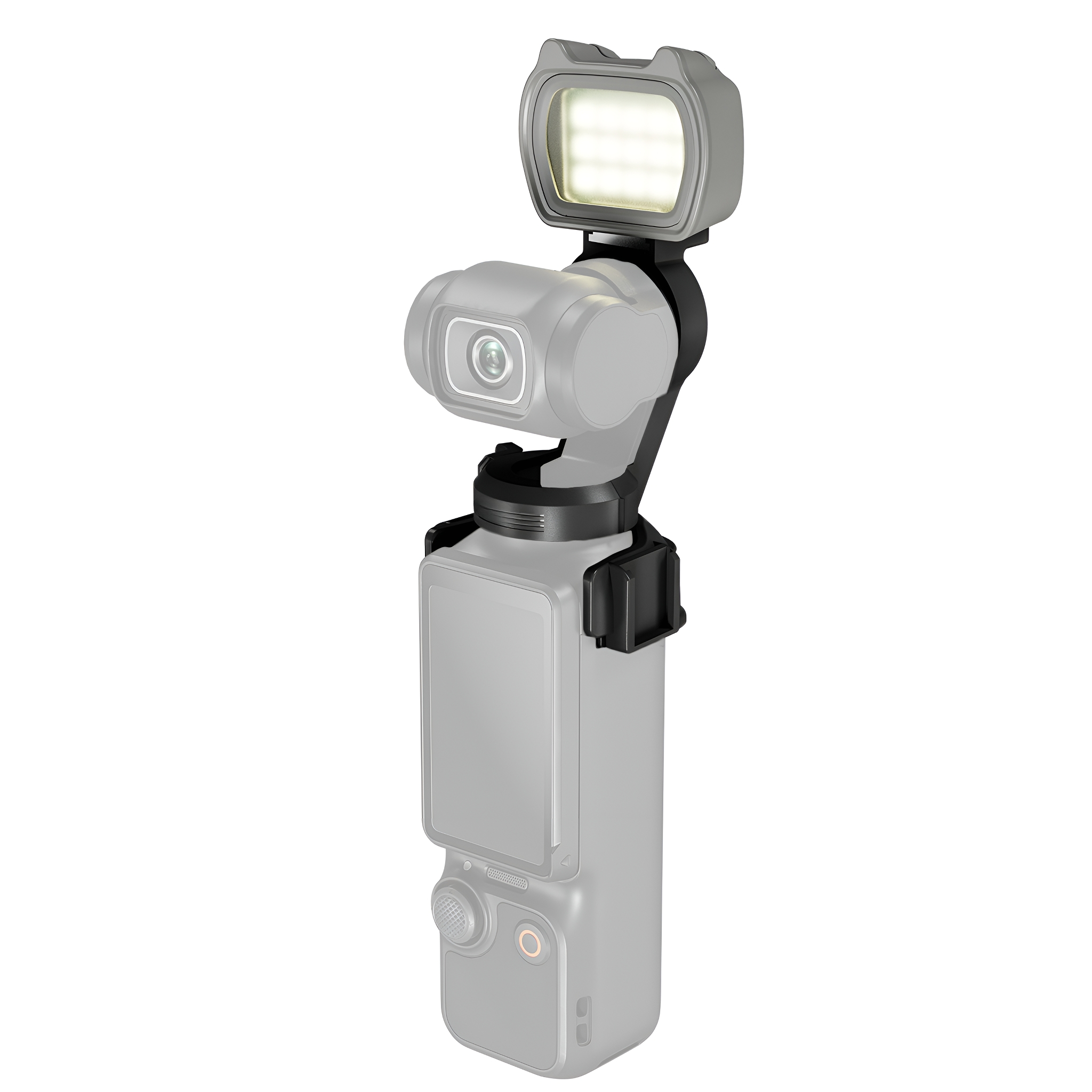 Ein Kamerastabilisator mit montiertem Licht. Das Gerät ist schwarz und grau.