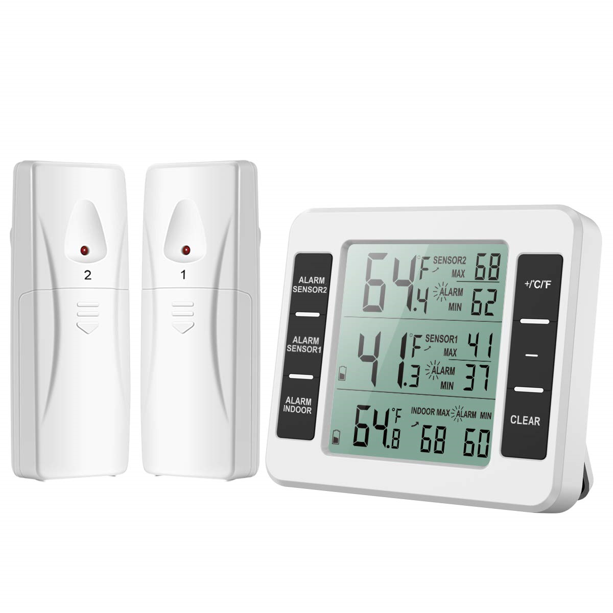 Weißes drahtloses Thermometer mit zwei Sensoren und einem Anzeigebildschirm.