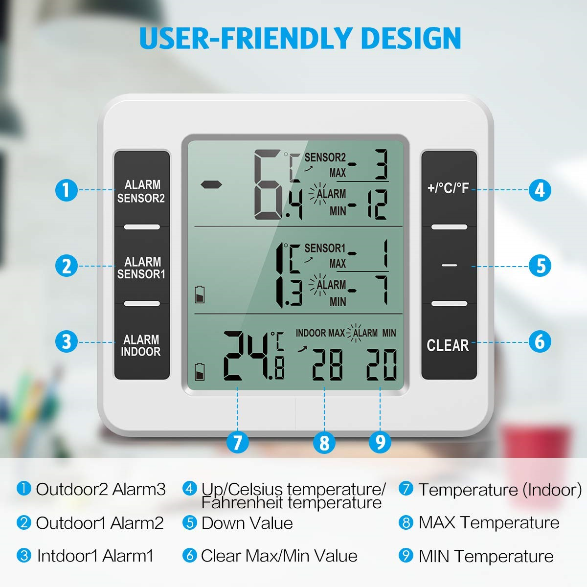 Digitales Thermometer mit Innen-/Außentemperaturanzeige und Alarmeinstellungen, benutzerfreundliches Design.