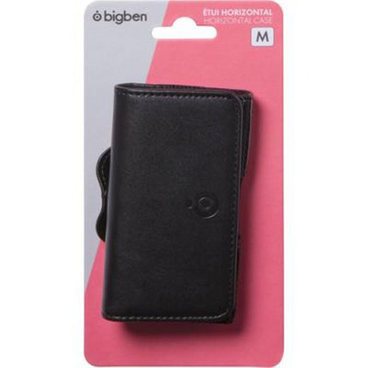 Custodia per telefono nera in confezione. Marchio Bigben. Custodia orizzontale. Sfondo rosa e bianco.
