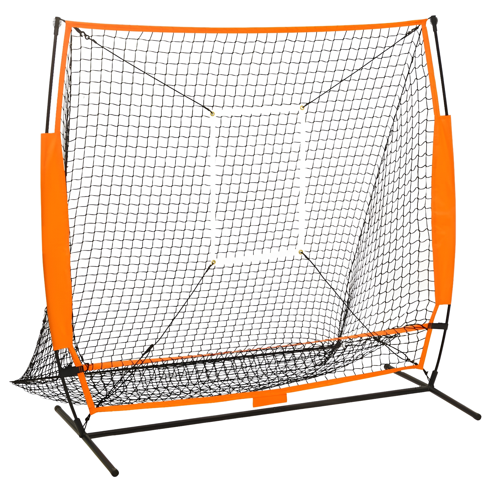 Baseball-Trainingsnetz mit orangefarbenen Akzenten. Der Hintergrund ist weiß.