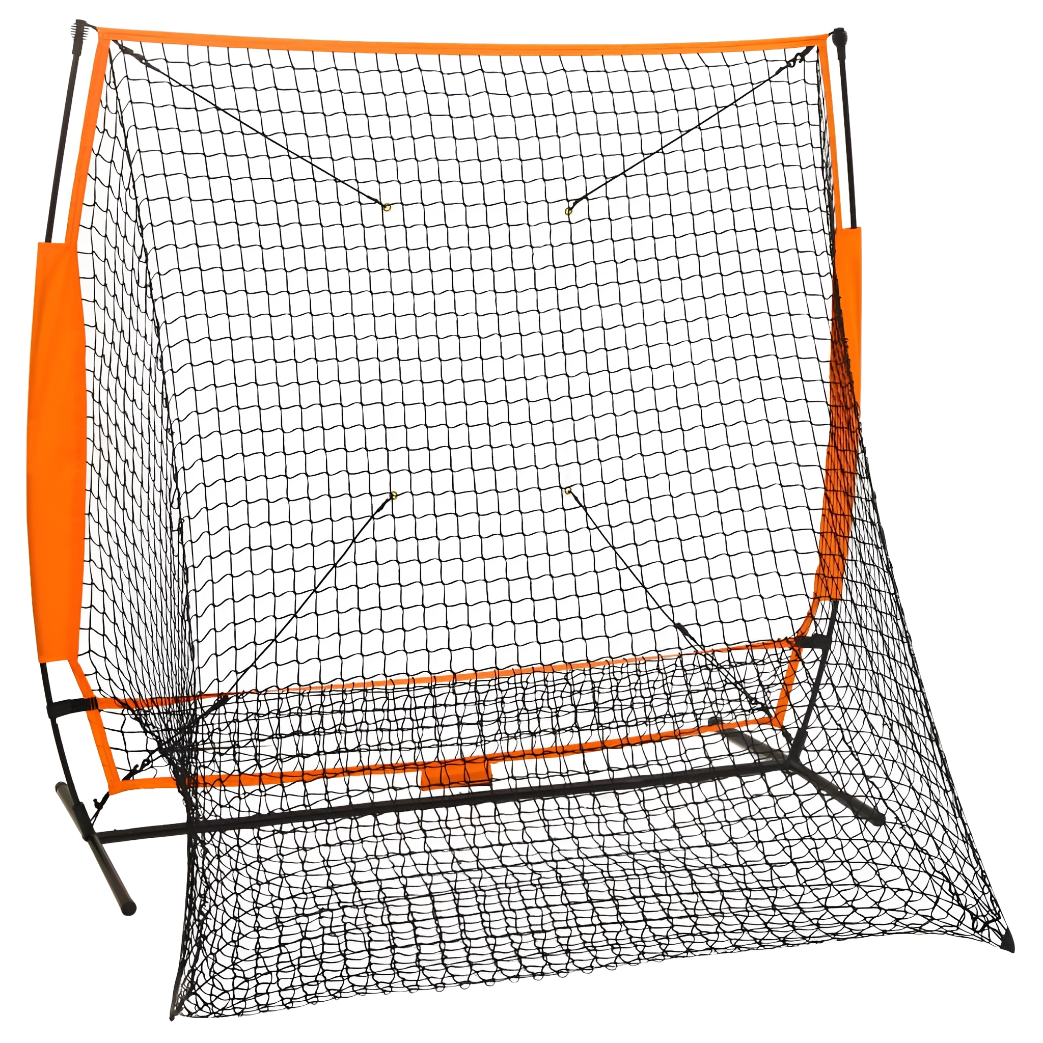 Ein Baseball-Trainingsnetz mit orangefarbenem Rahmen. Das Netz ist schwarz.