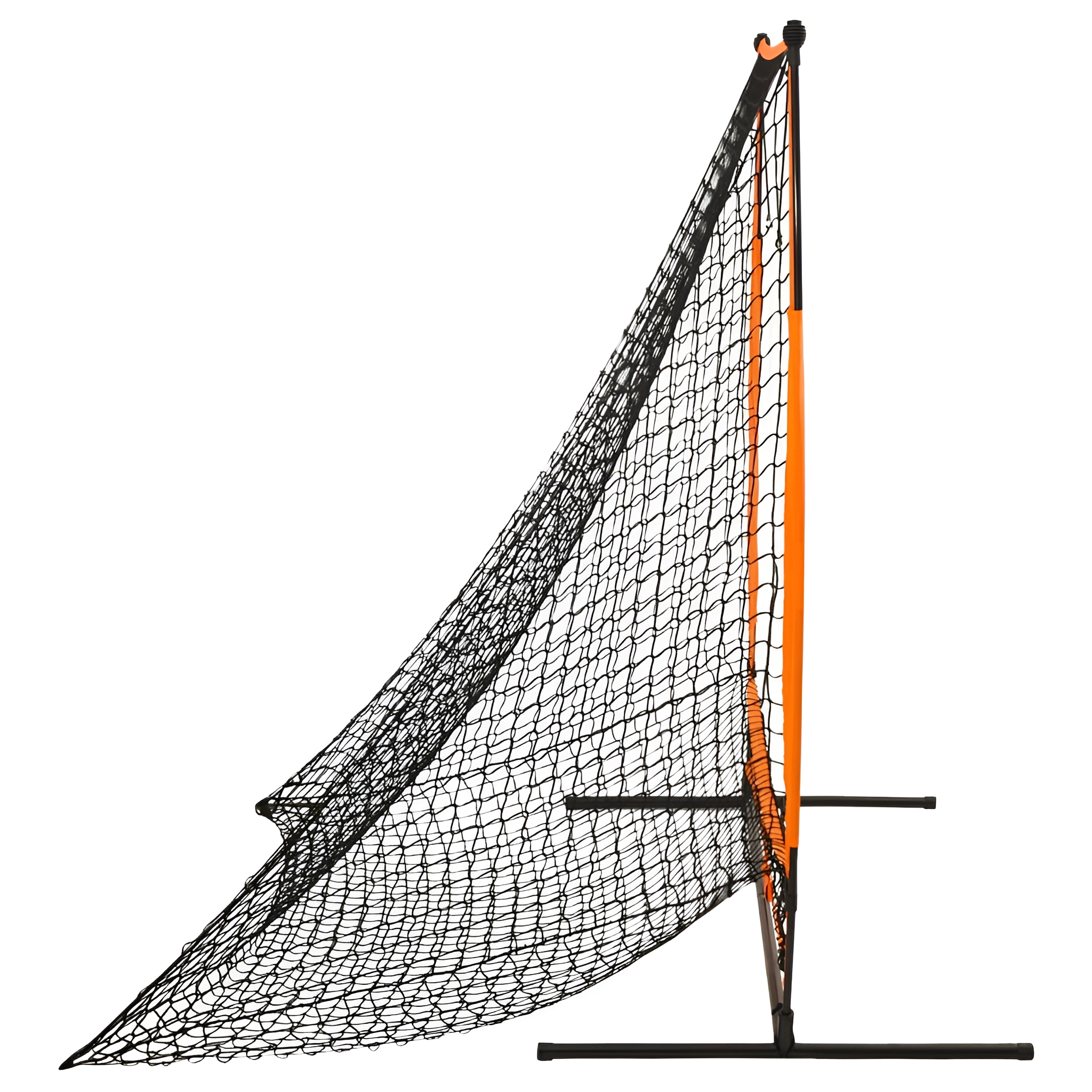 Baseball-Übungsnetz, schwarzes Netz, orangefarbene Stützstangen, schwarze Basis, isoliert auf weißem Hintergrund.