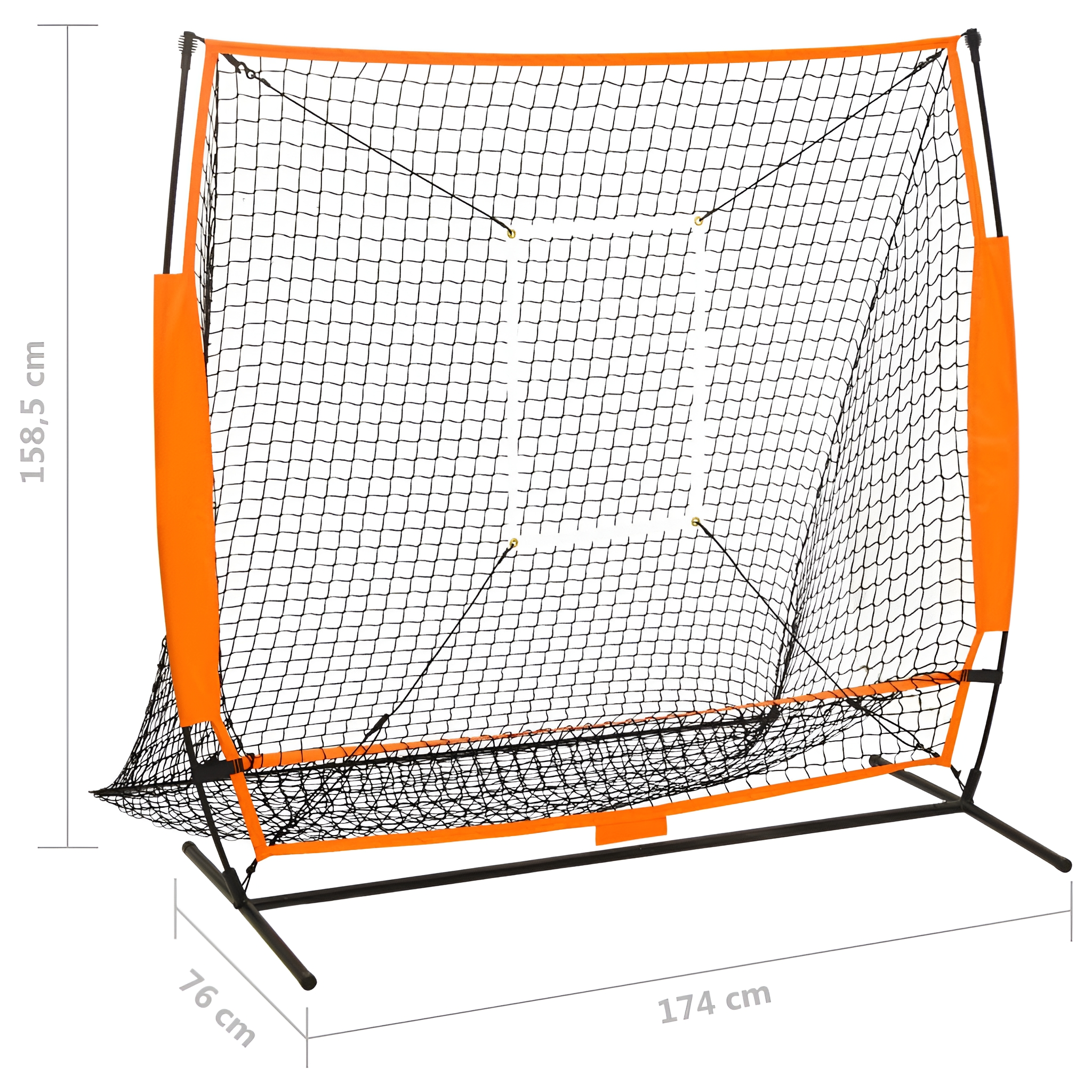 Baseballnetz mit orangenen Seiten, schwarzem Netz und Abmessungen, weißer Hintergrund.