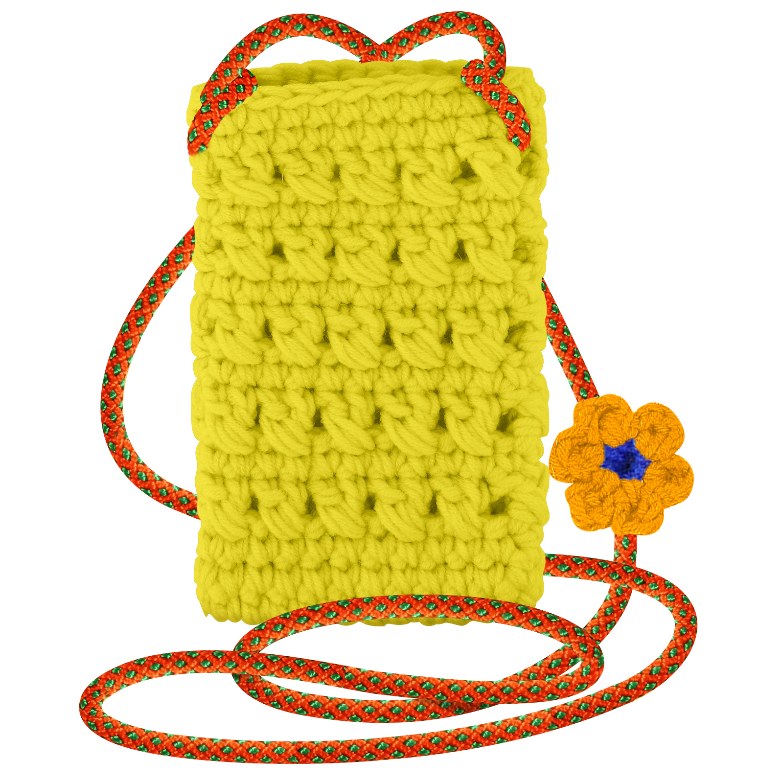 Custodia per telefono gialla con un fiore e una corda. La custodia è all'uncinetto e ha un fiore sopra.