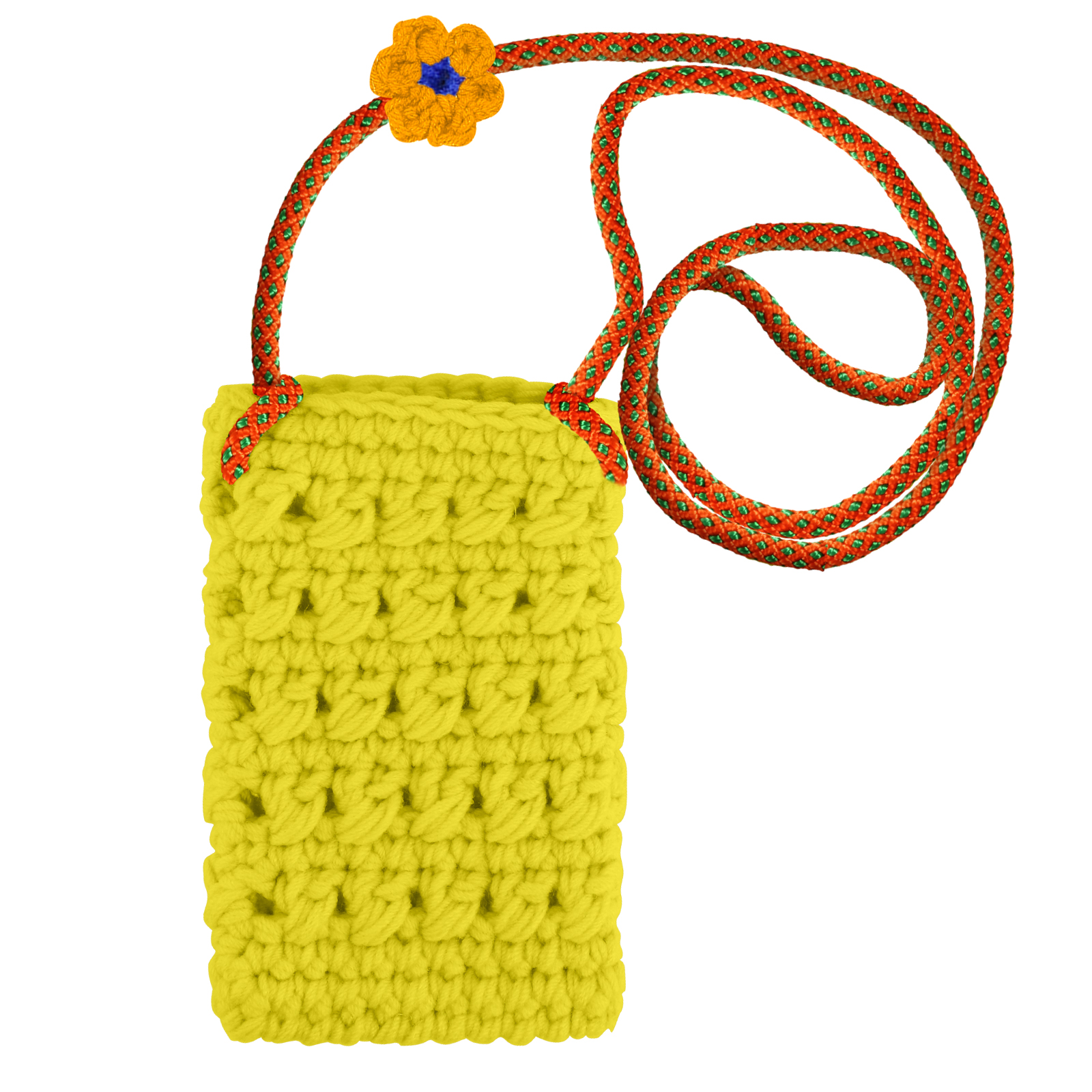 Borsa per telefono all'uncinetto gialla con cinturino in corda arancione e verde e un fiore.